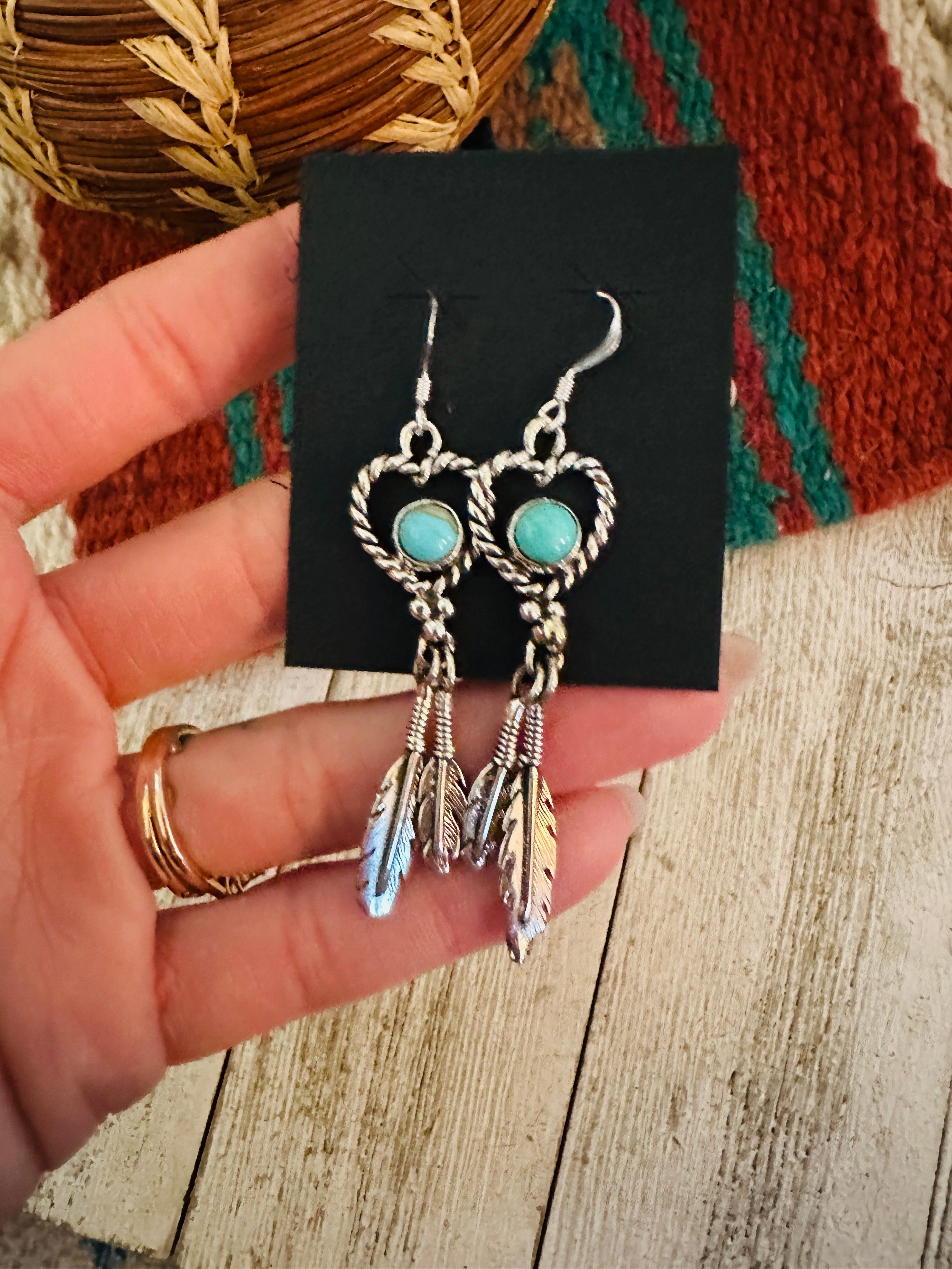 Handcrafted Turquoise & Sterling Silver Heart Feather Dangle Earrings