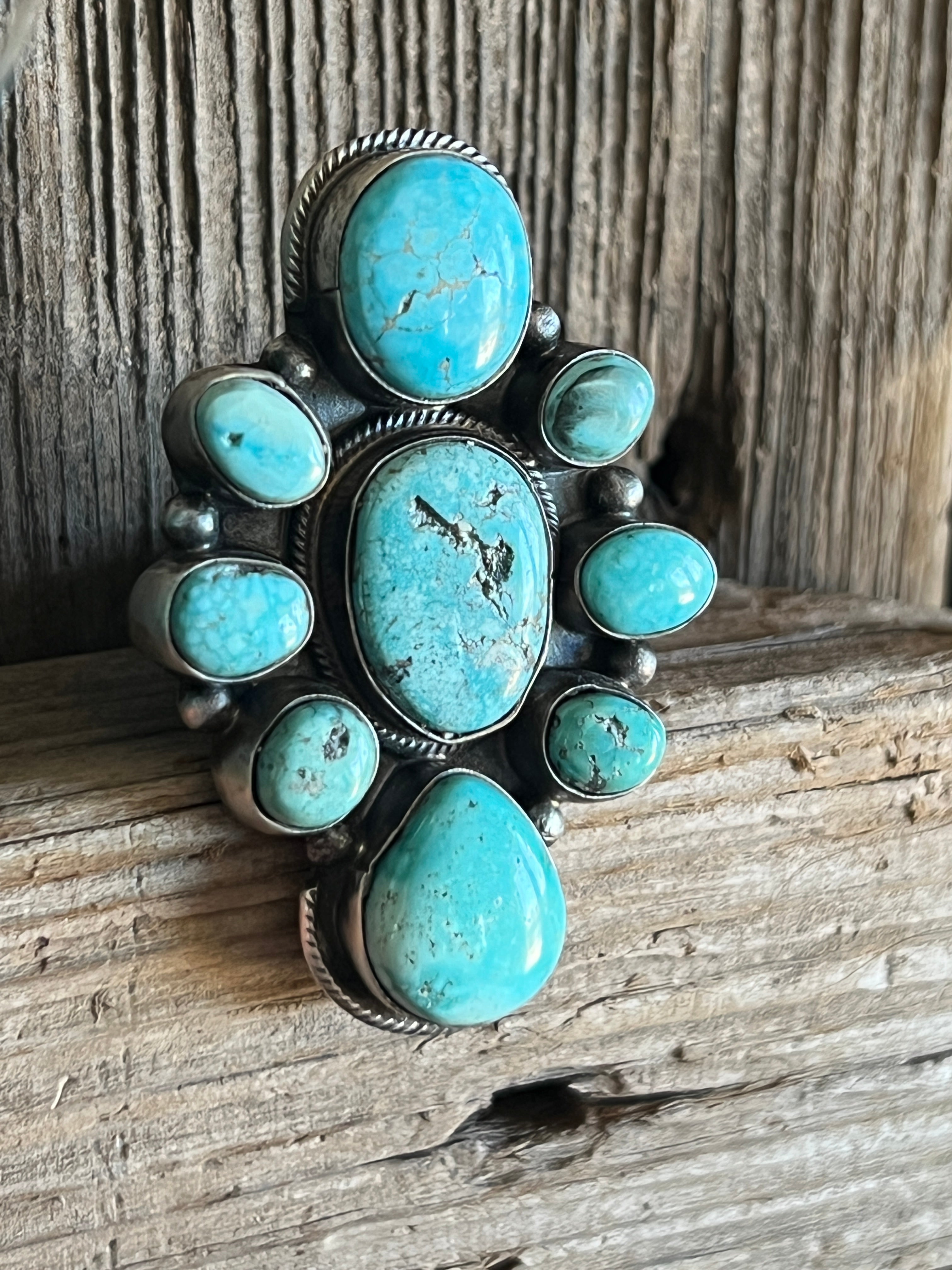 Handcrafted Sterling Silver and Natural Campitos Turquoise Cluster Ring by Sheila Becenti, Size 8.75