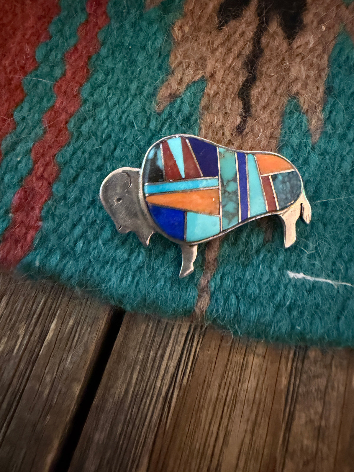 Old Pawn Handcrafted Multi Stone & Sterling Silver Inlay Buffalo Pendant/Brooch