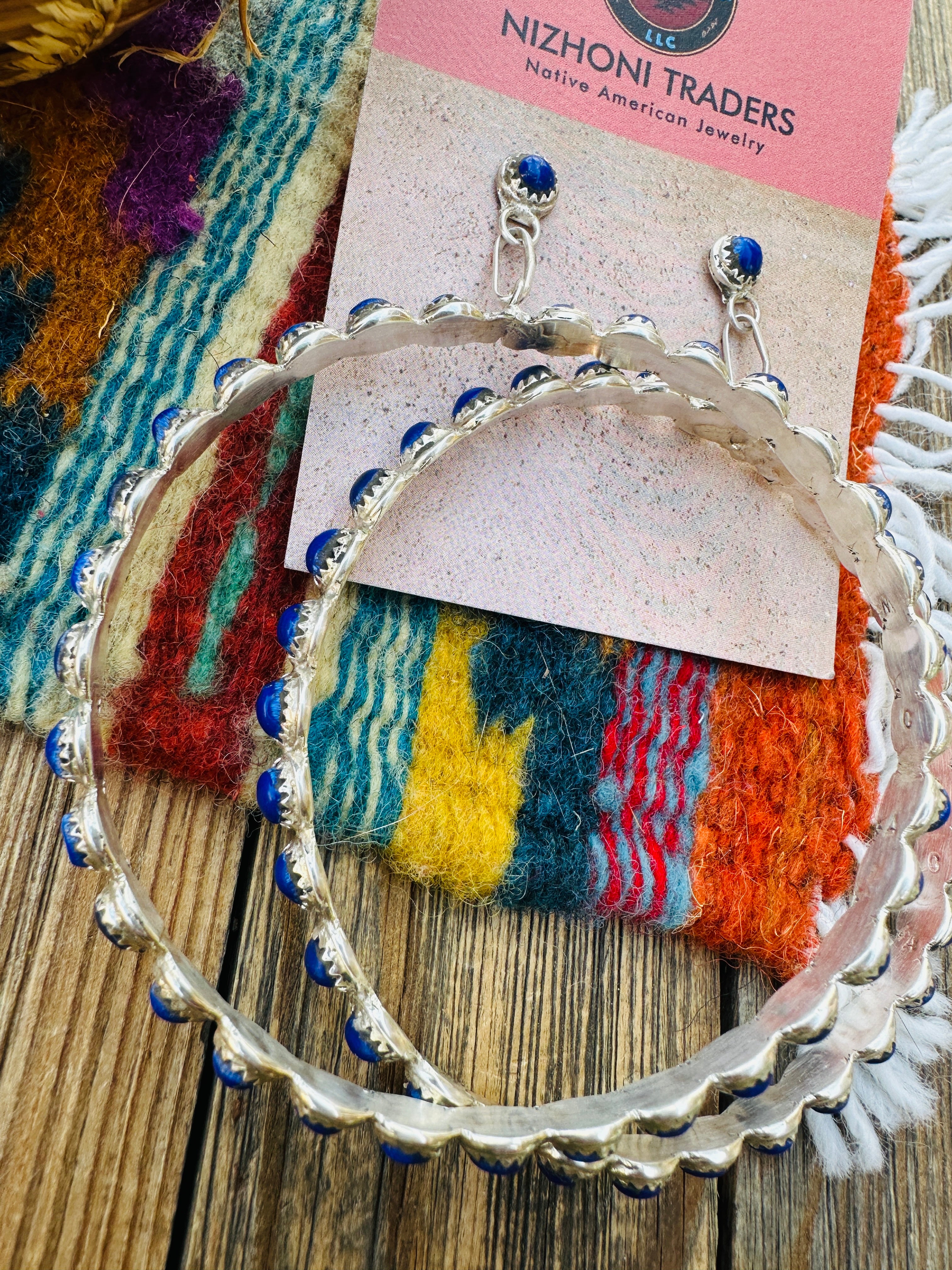 Handcrafted Lapis & Sterling Silver Dangle Hoop Earrings