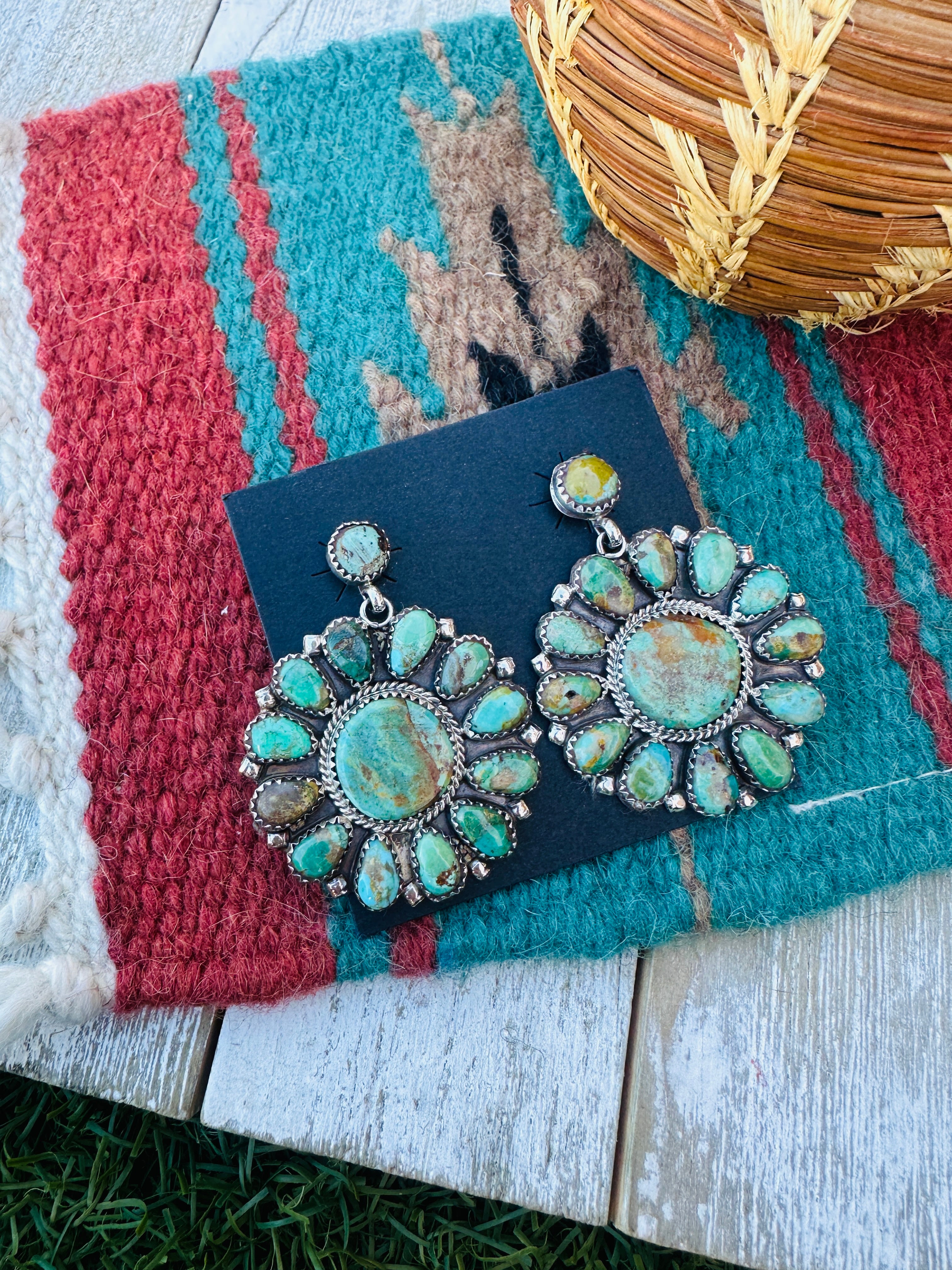 Handcrafted Turquoise & Sterling Silver Cluster Dangle Earrings