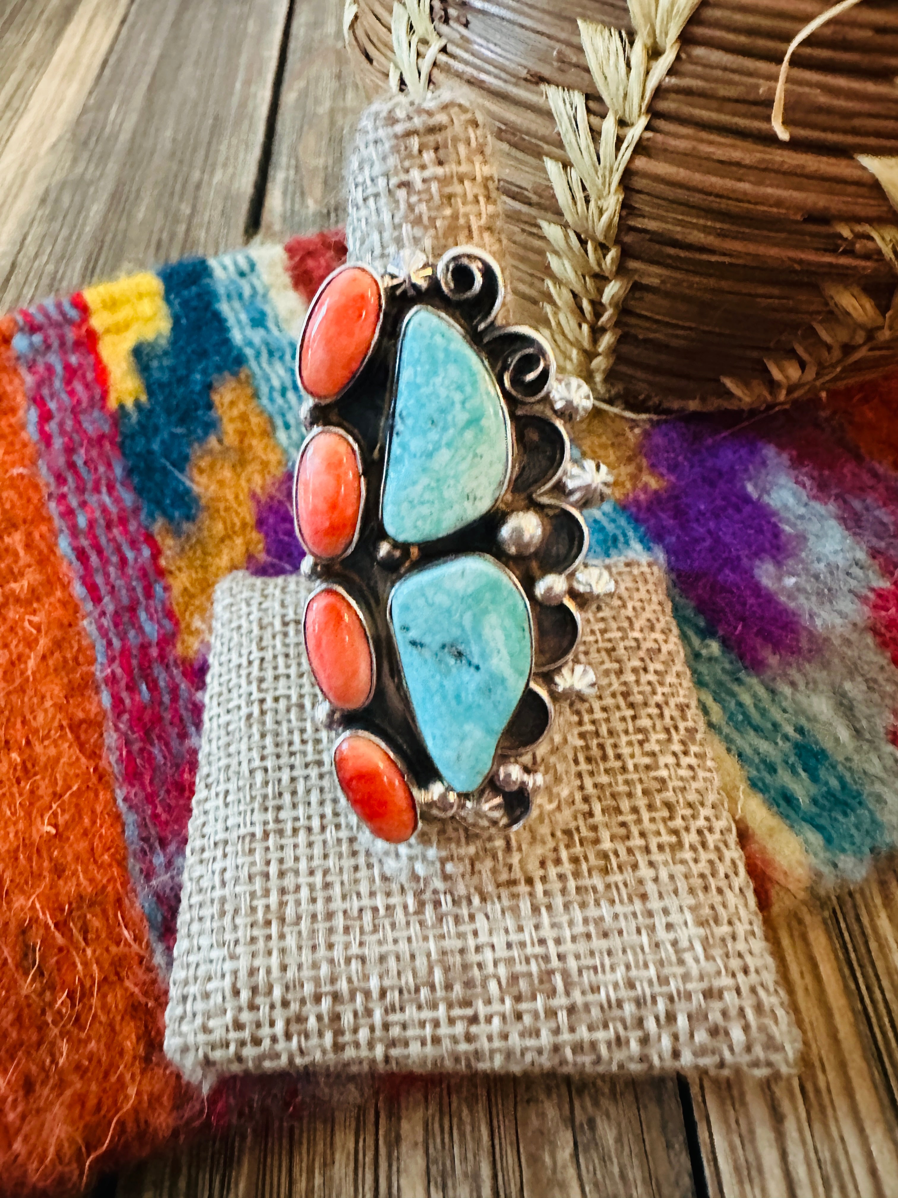 Handcrafted Spiny Oyster, Turquoise & Sterling Silver Adjustable Ring by Jacqueline Silver