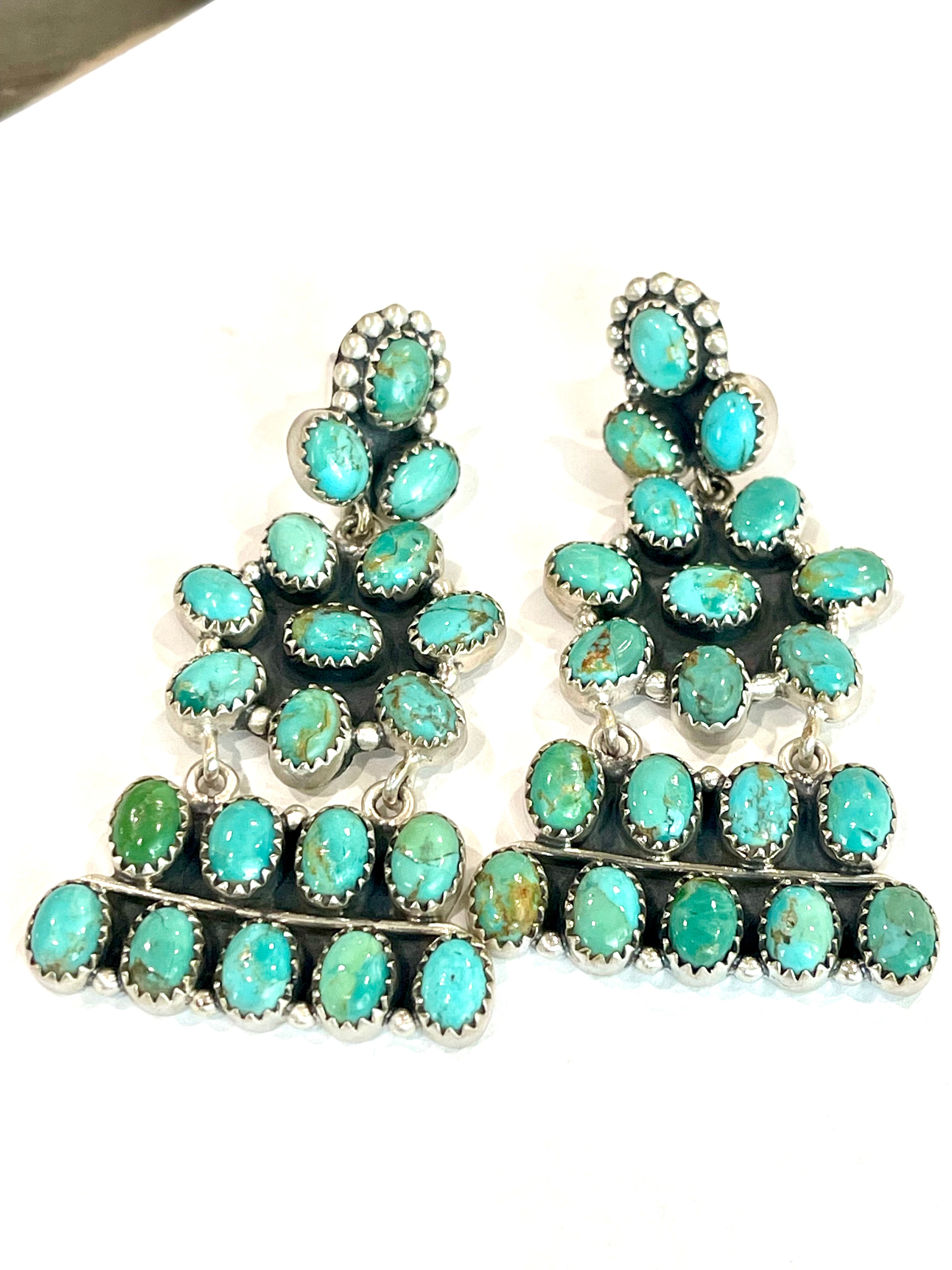 Handmade Turquoise & Sterling Silver Post Dangle Cluster Earrings