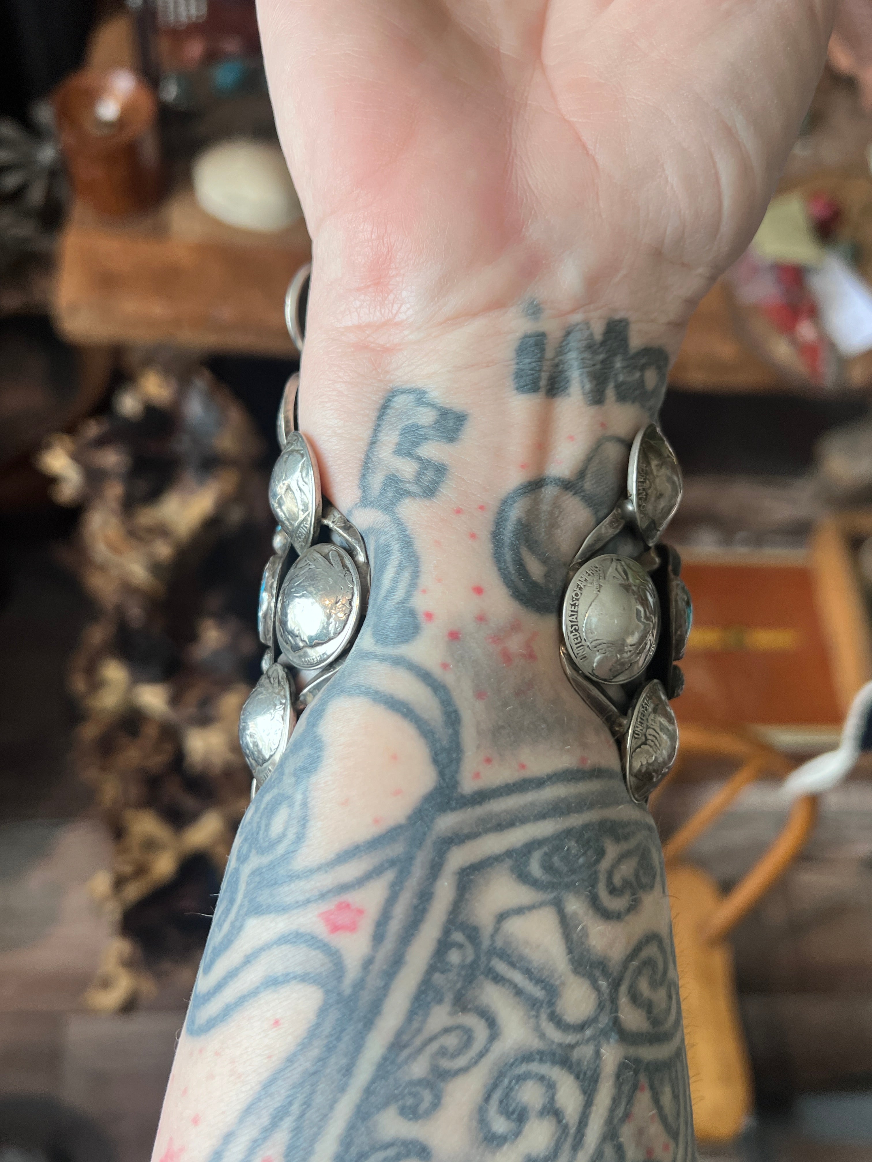 Insane Old Pawn Sterling Silver, Morgan Dollar, Buffalo Nickel and Turquoise Cuff Bracelet
