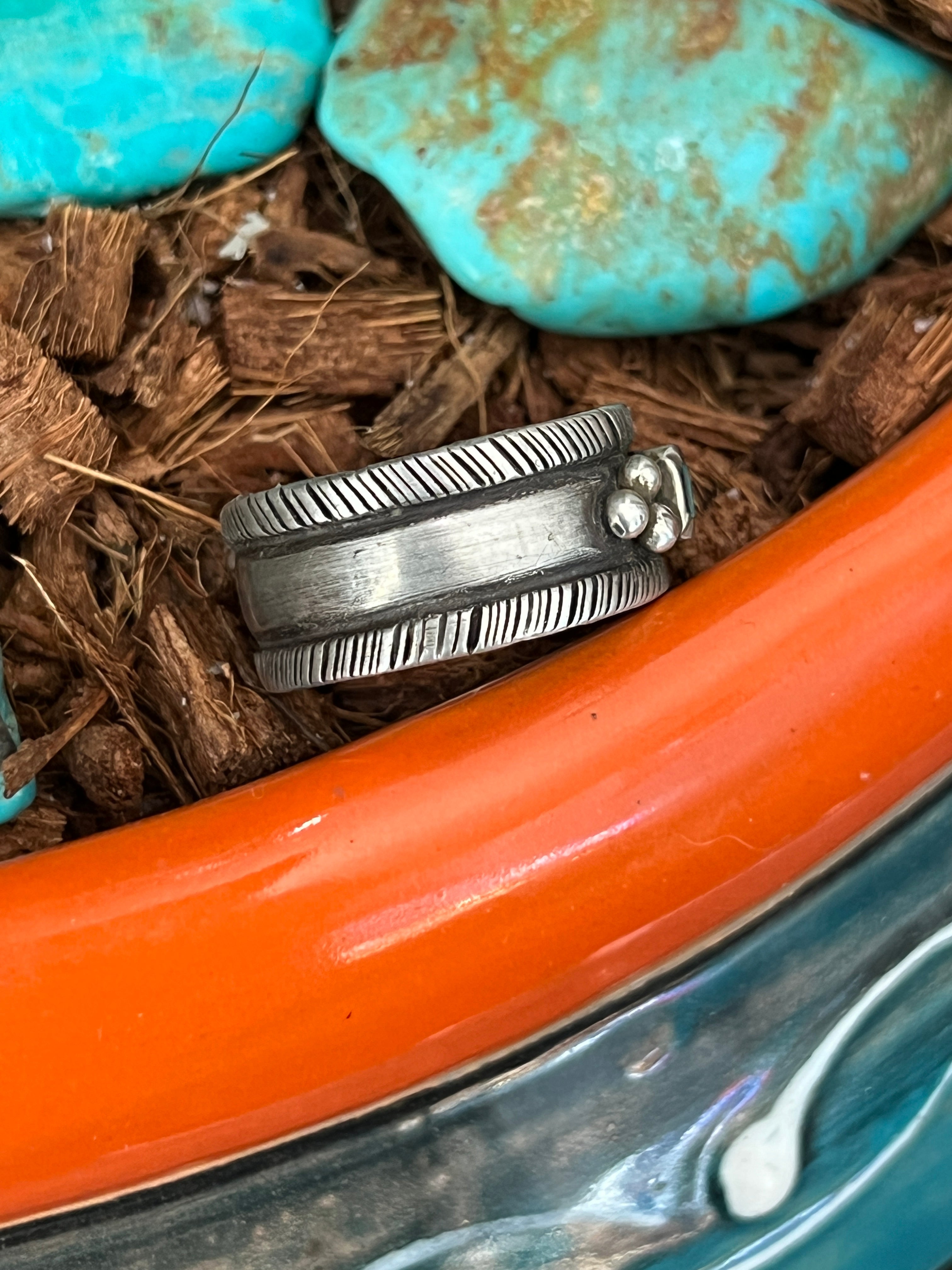 Falcon Trading Company Ingot Sterling Silver and Fox Turquoise Inlay Ring by Joe O’Neill, Size 10