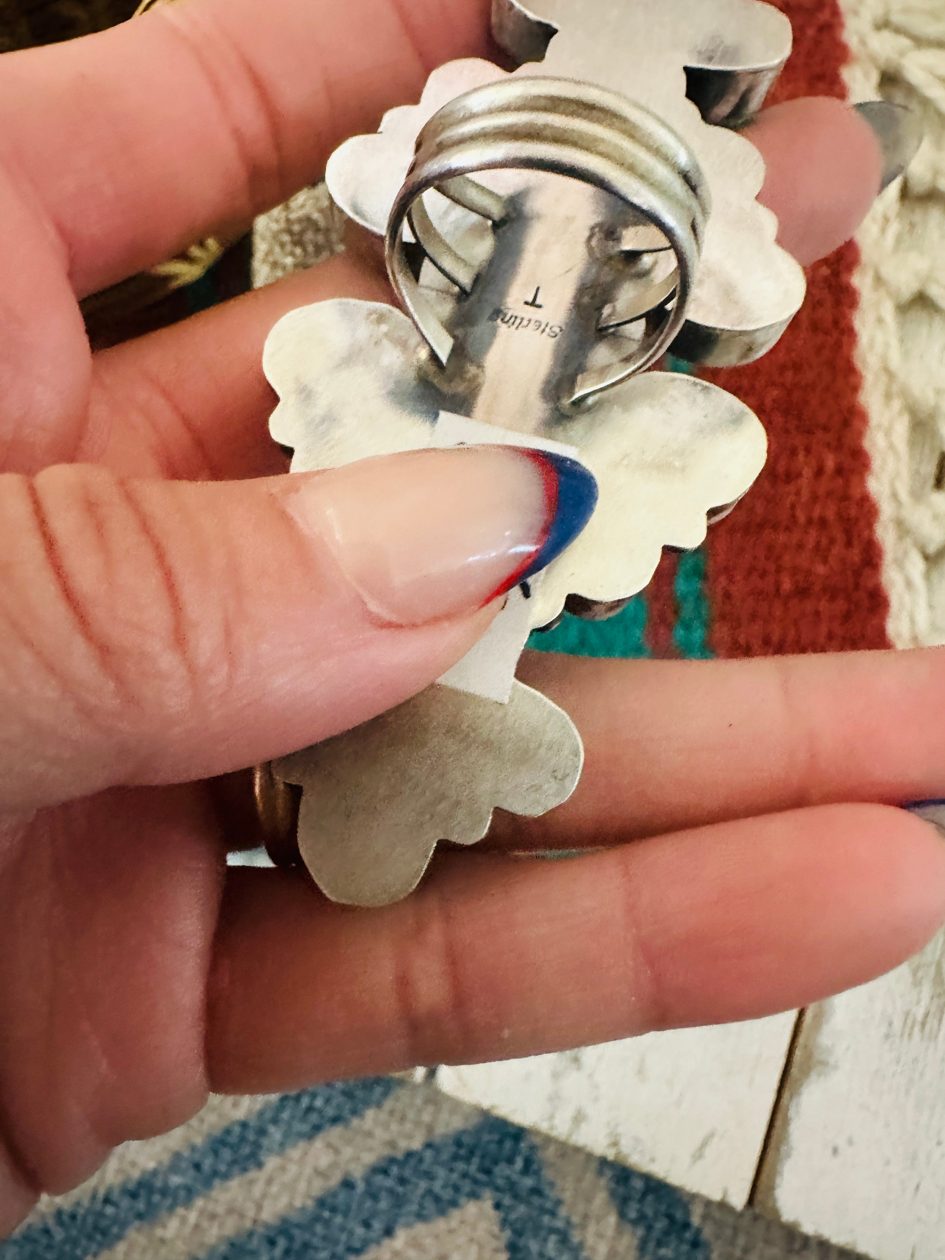 Handcrafted Sterling Silver & Turquoise Cluster Ring Size 6