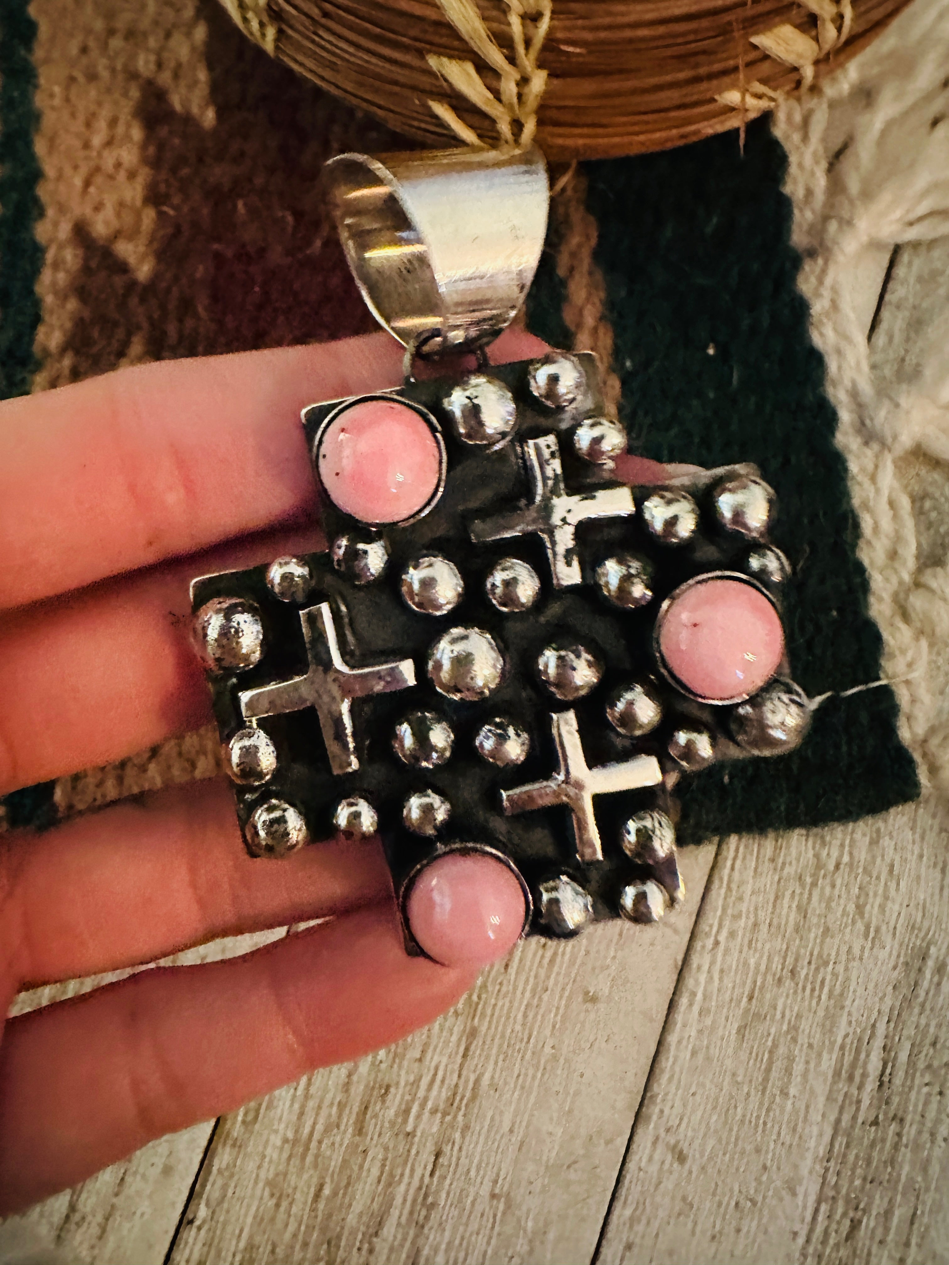 Handcrafted Queen Pink Conch & Sterling Silver Cross Pendant by Chimney Butte