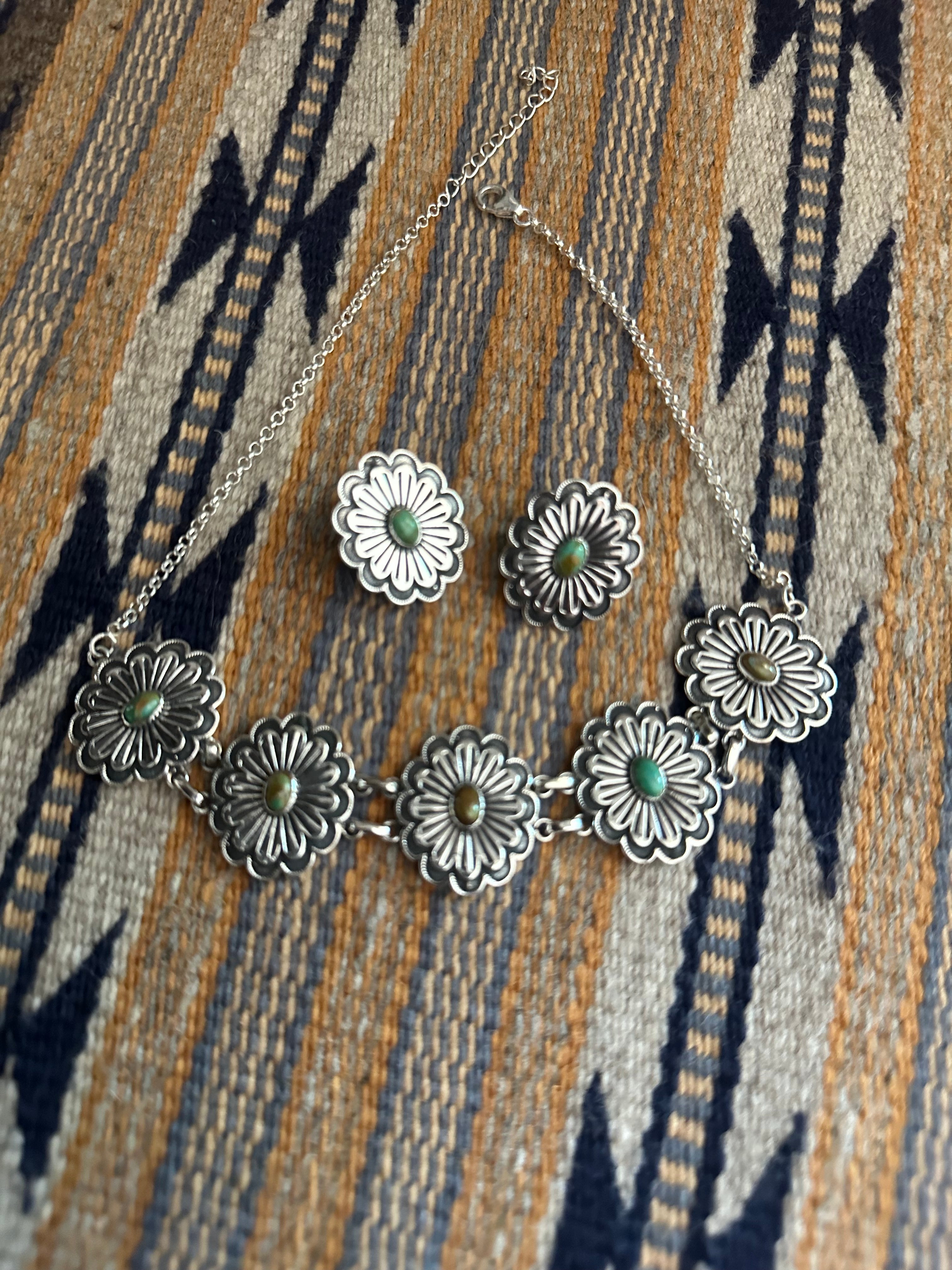 Handmade Sterling Silver & Turquoise Flower Necklace Set