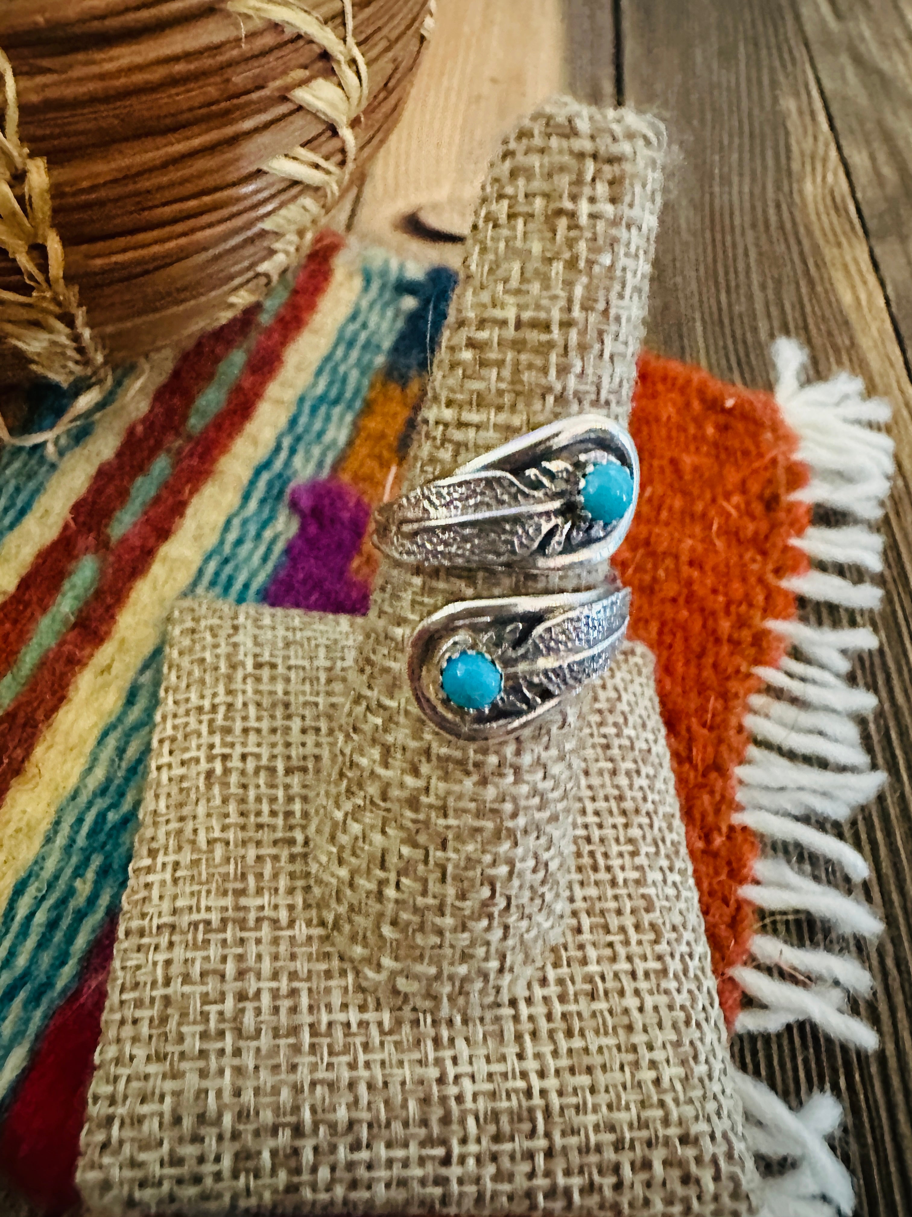 Handcrafted Turquoise & Sterling Silver Adjustable Feather Ring
