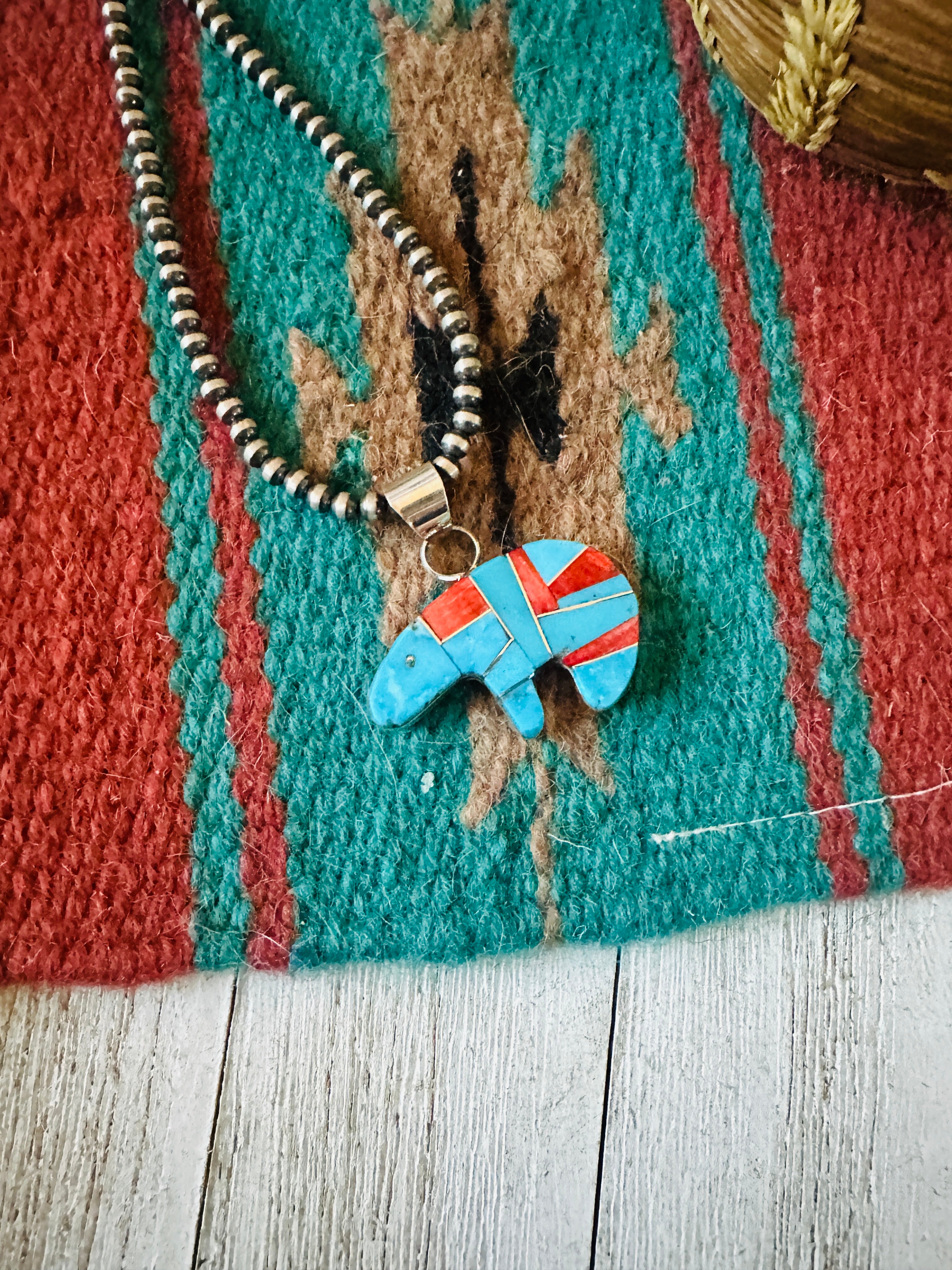 Handcrafted Turquoise, Spiny & Sterling Silver Inlay Fetish Bear Pendant