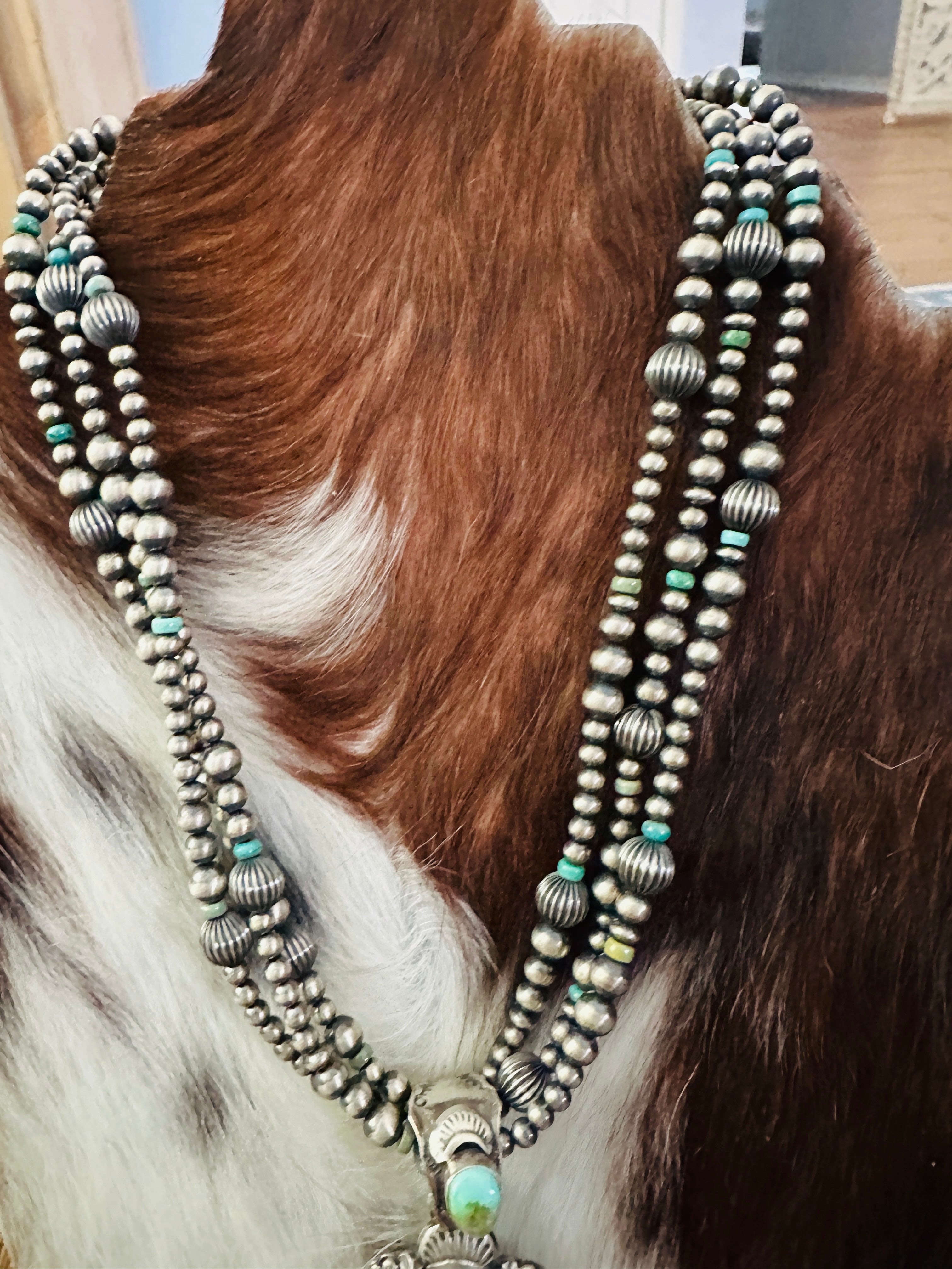 Handcrafted Sonoran Mountain Turquoise & Sterling Silver Beaded Necklace by Gilbert Tom