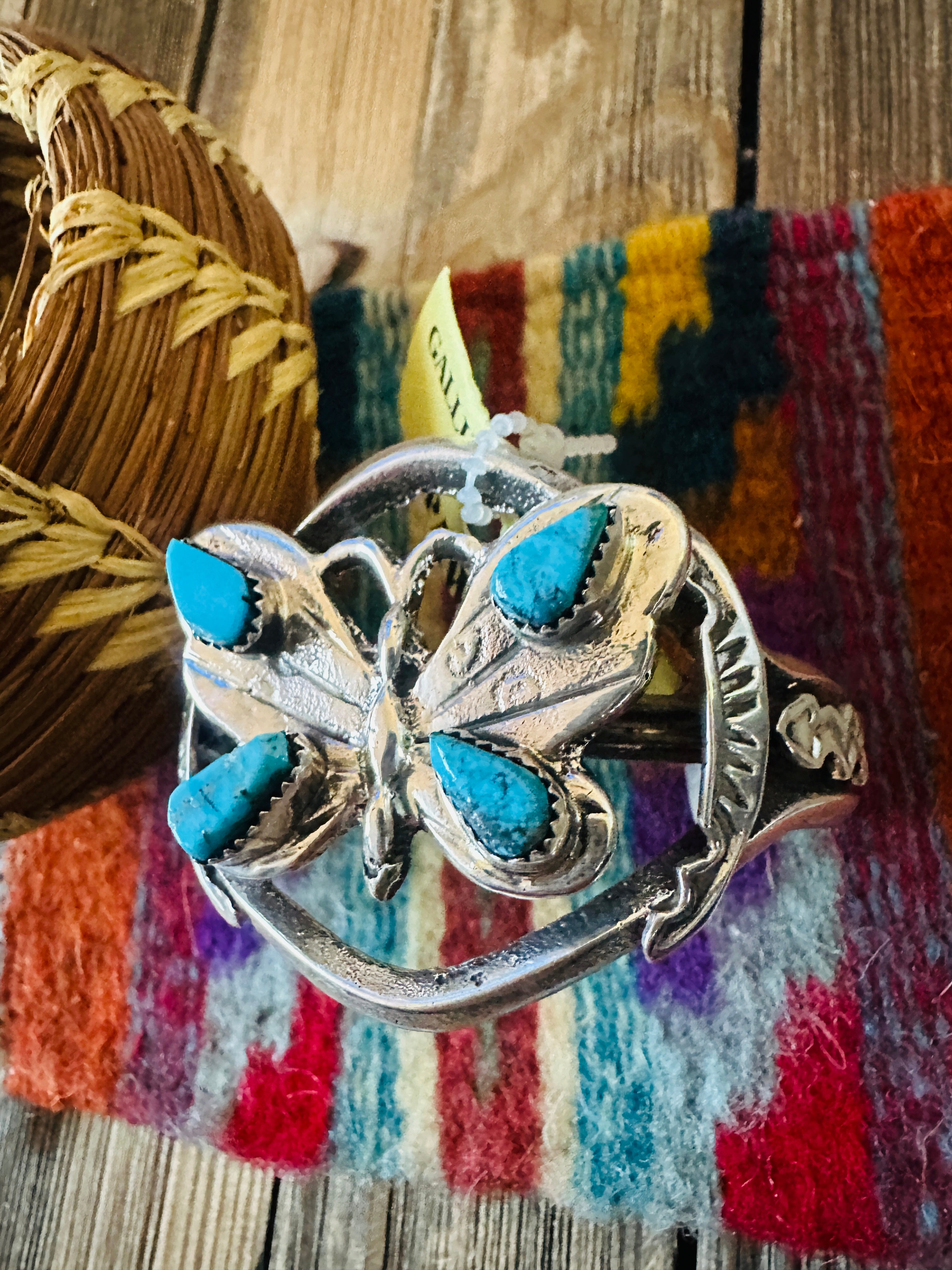 Handcrafted Old Pawn Sterling Silver & Turquoise Butterfly Cuff Bracelet
