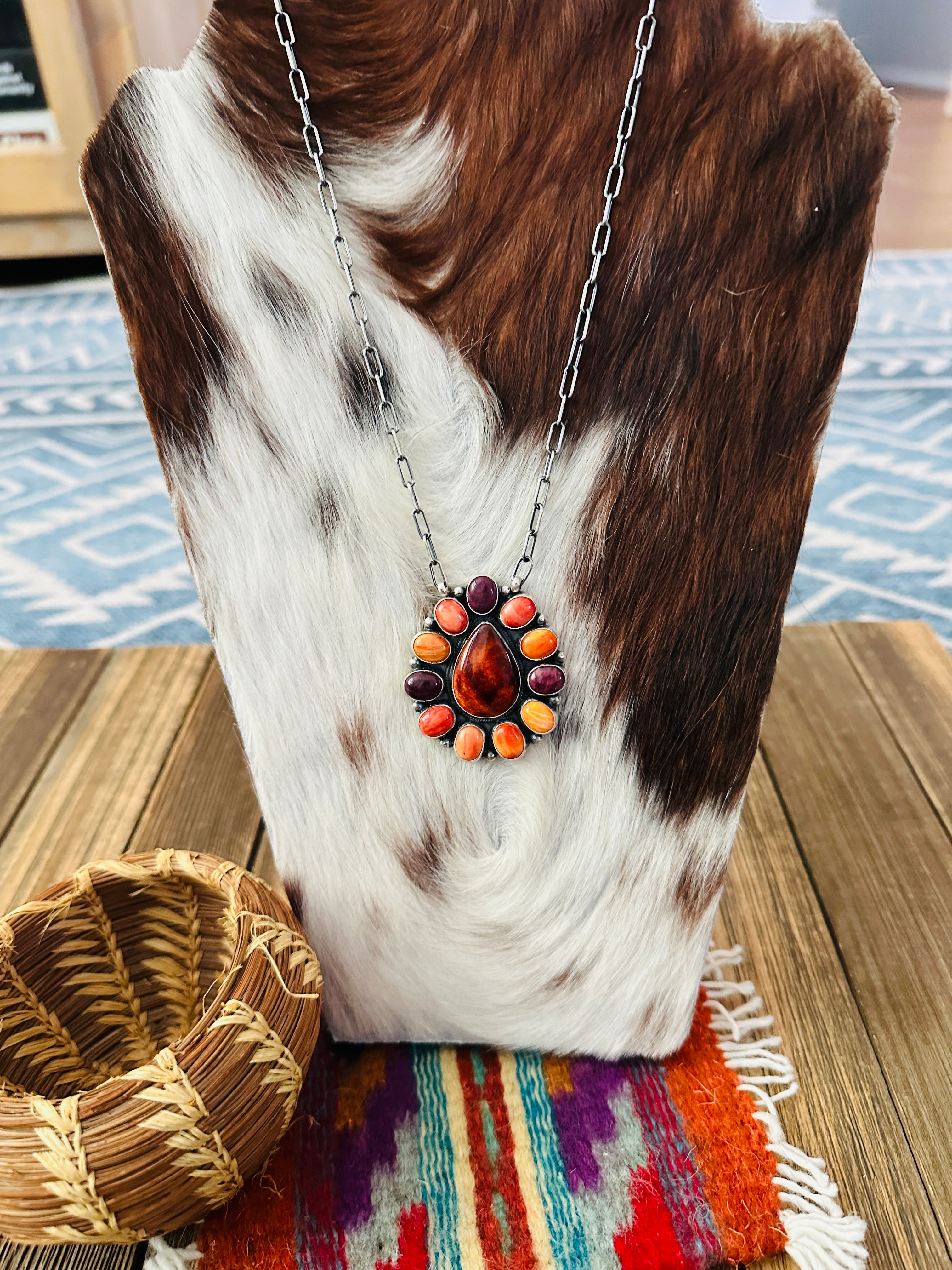 Handcrafted Multicolor Spiny Oyster & Sterling Silver Cluster Necklace by Sheila Becenti