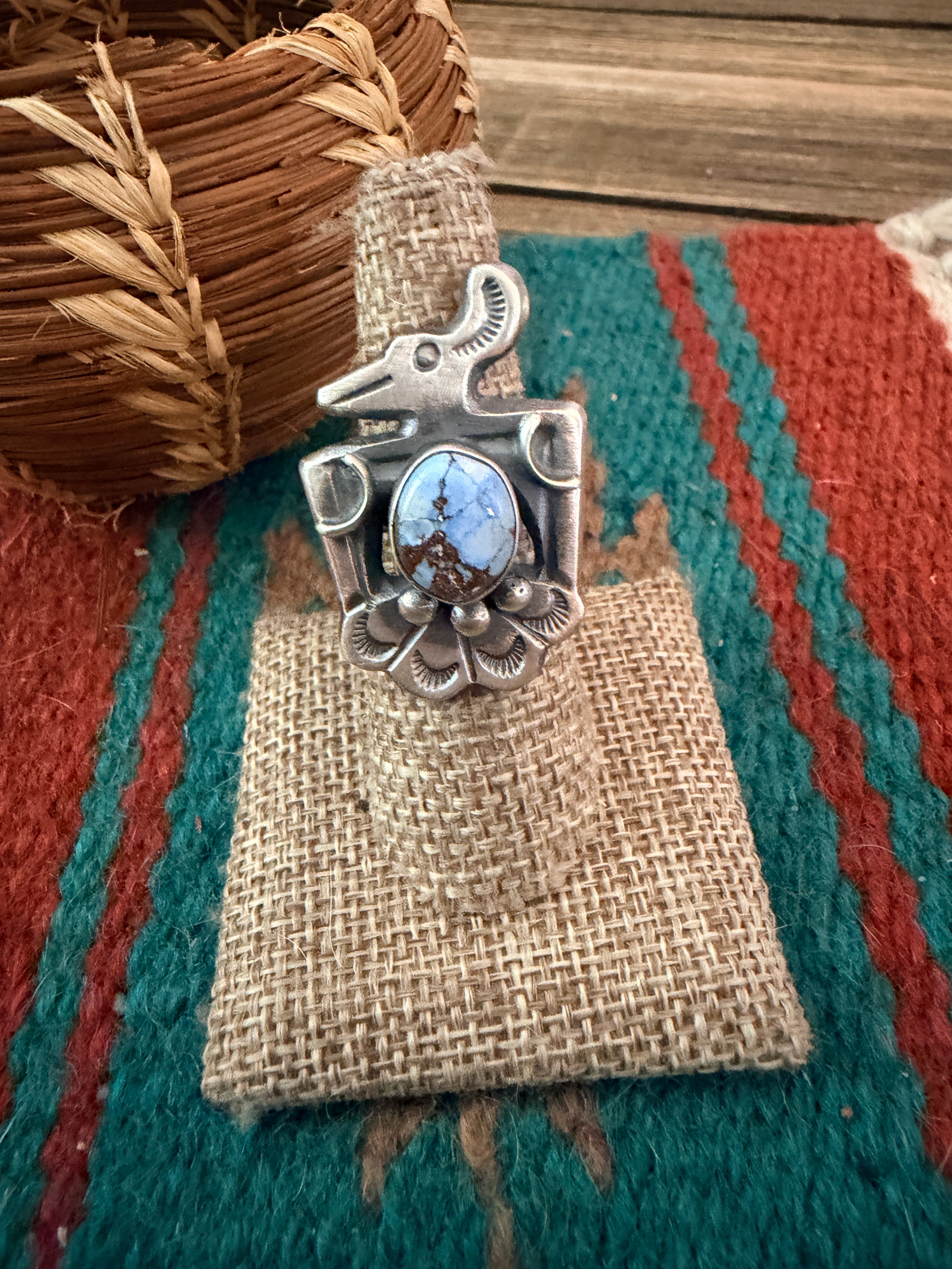 Handcrafted Golden Hills Turquoise and Sterling Silver Thunderbird Ring size 6 by Chimney Butte