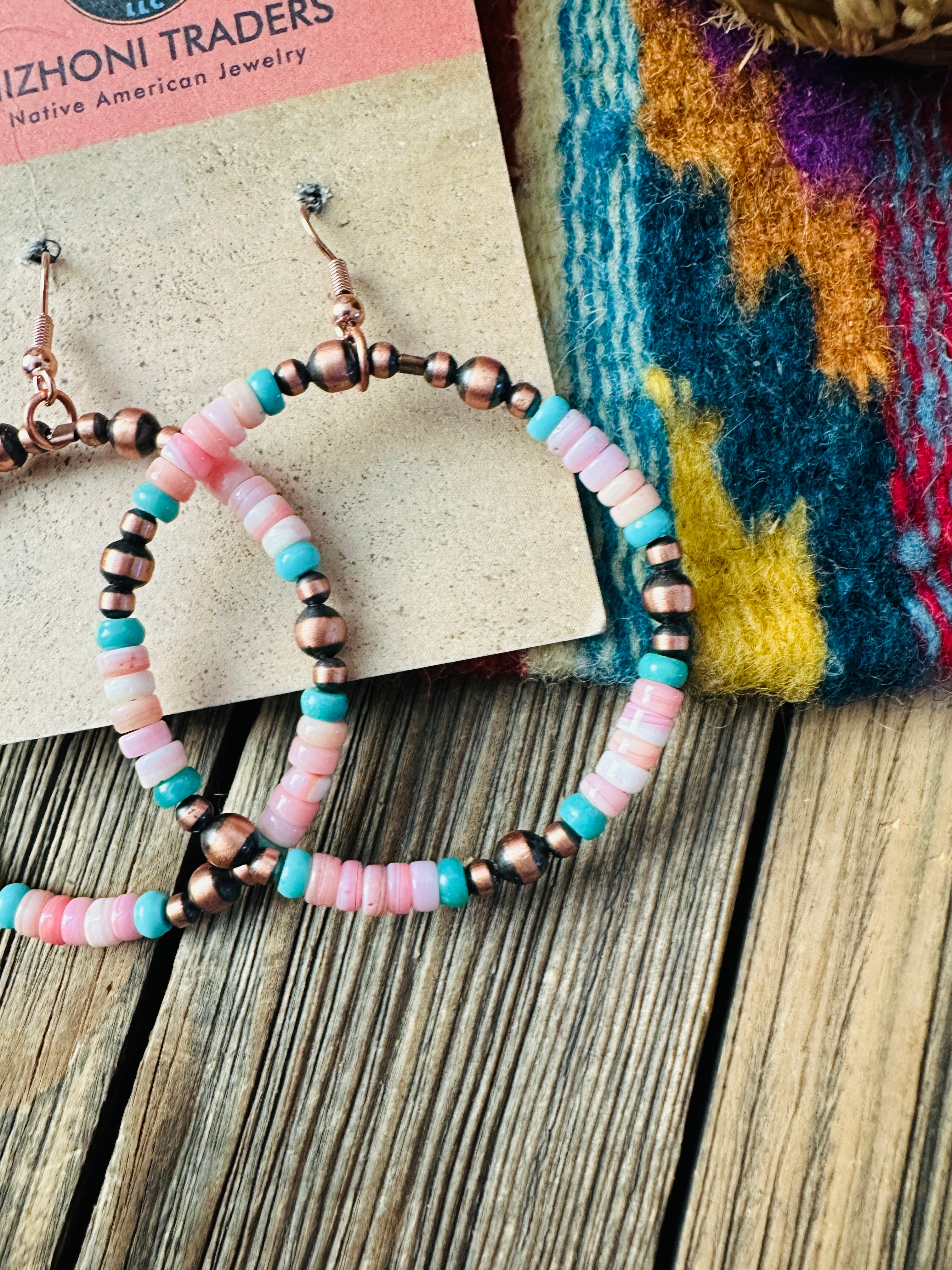 Handcrafted Queen Pink Conch, Turquoise & Copper Beaded Dangle Hoop Earrings