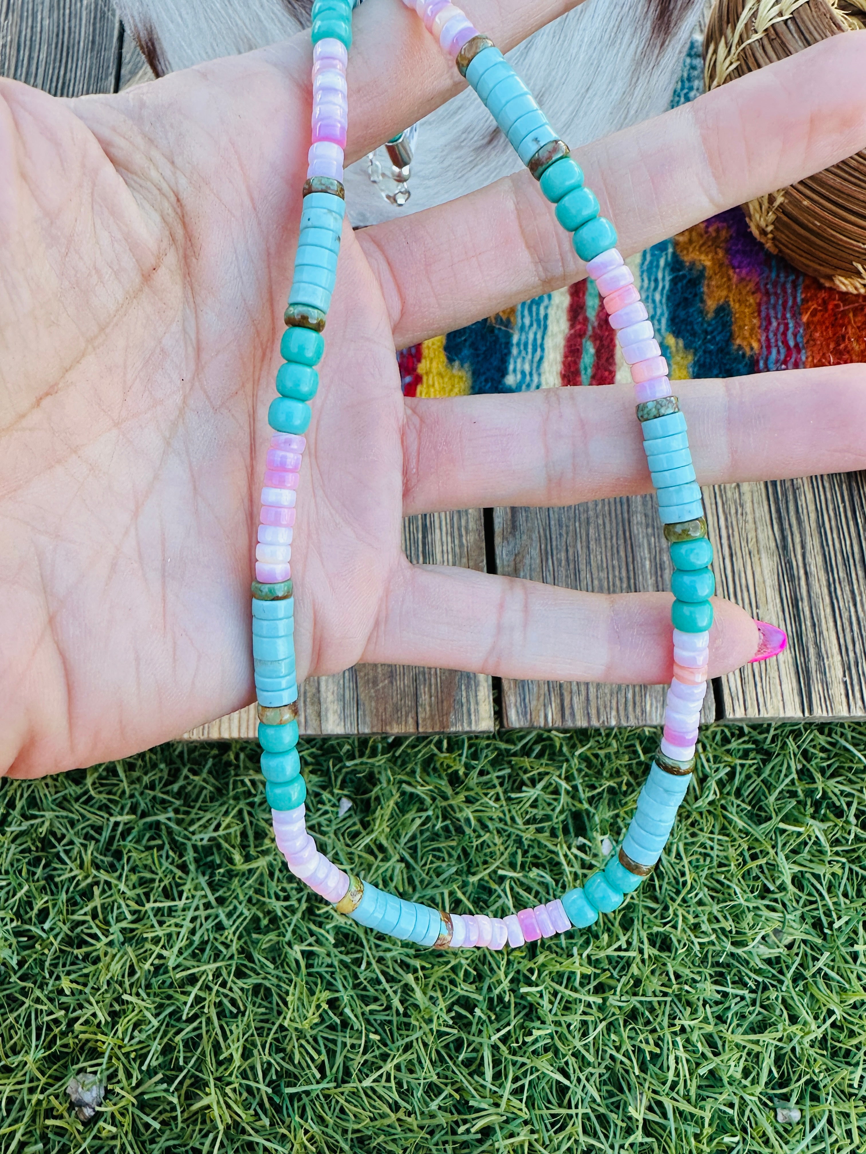Handcrafted Queen Pink Conch, Turquoise & Copper 18” Beaded Necklace