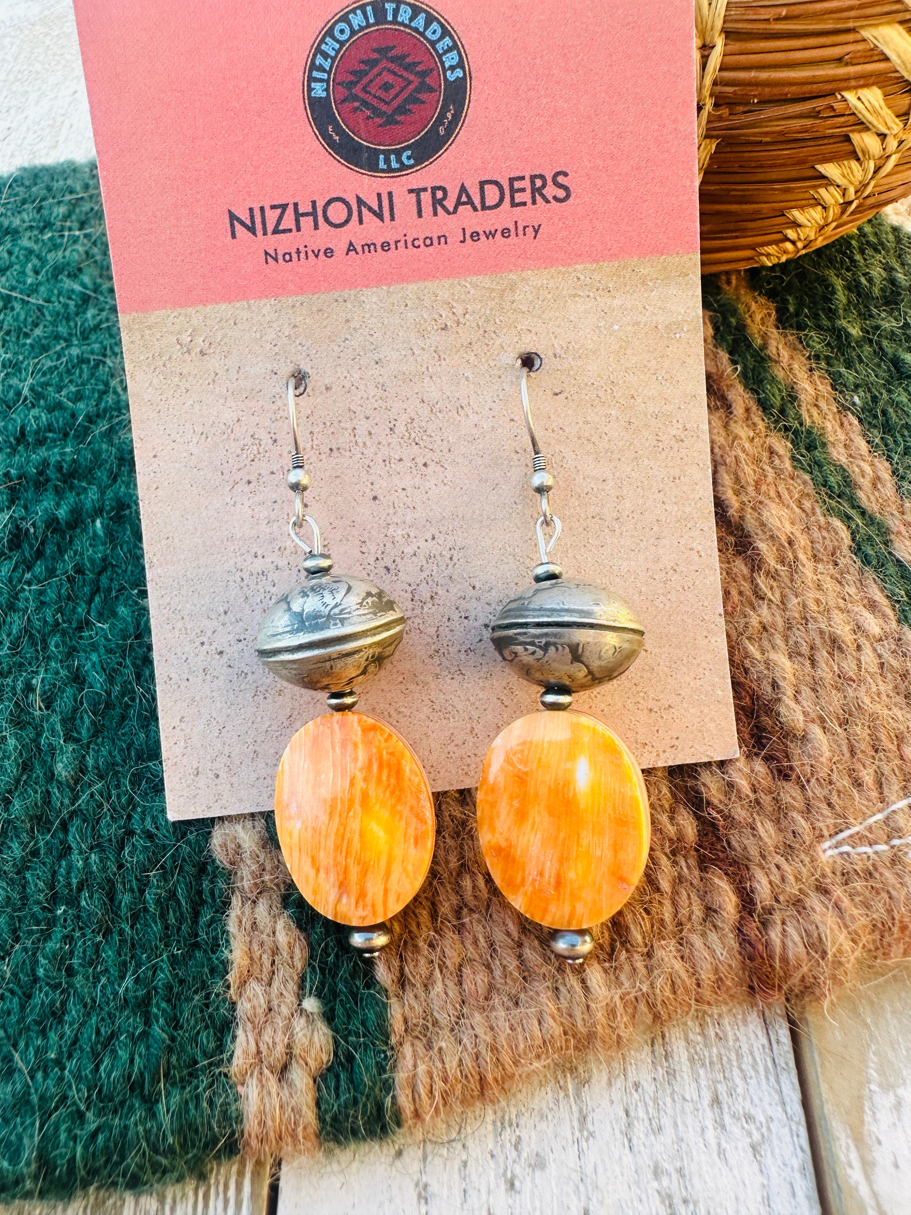 Handcrafted Spiny Oyster & Sterling Silver Beaded Dangle Earrings