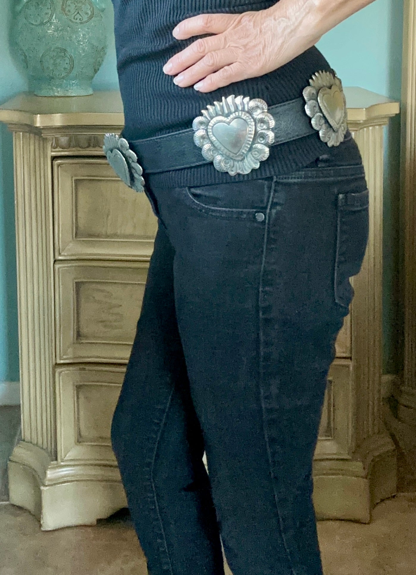 Black Leather Belt With Silver-Plated Heart Brass Buckles