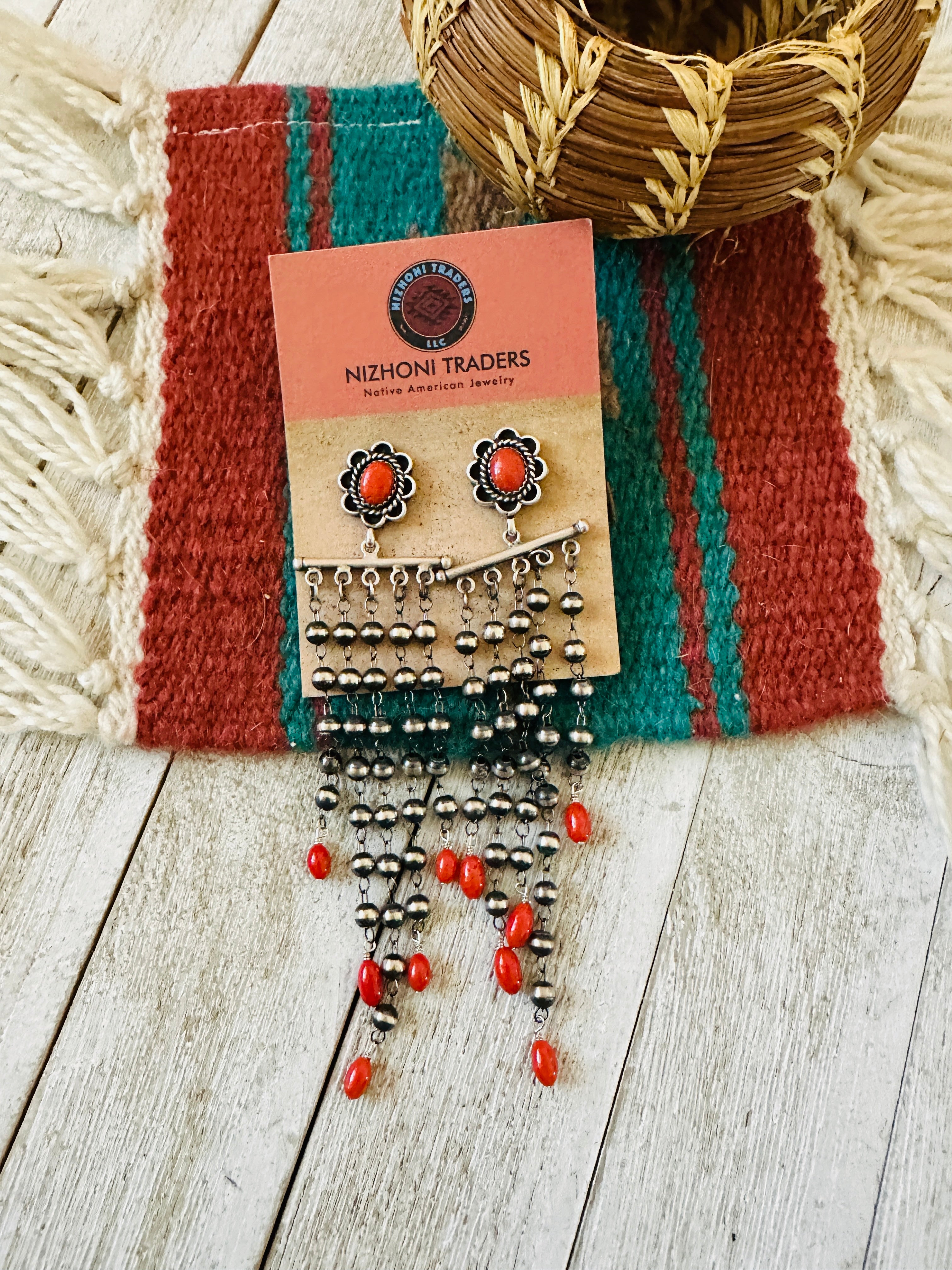 Handcrafted Coral & Sterling Silver Pearl Beaded Tassel Dangle Earrings