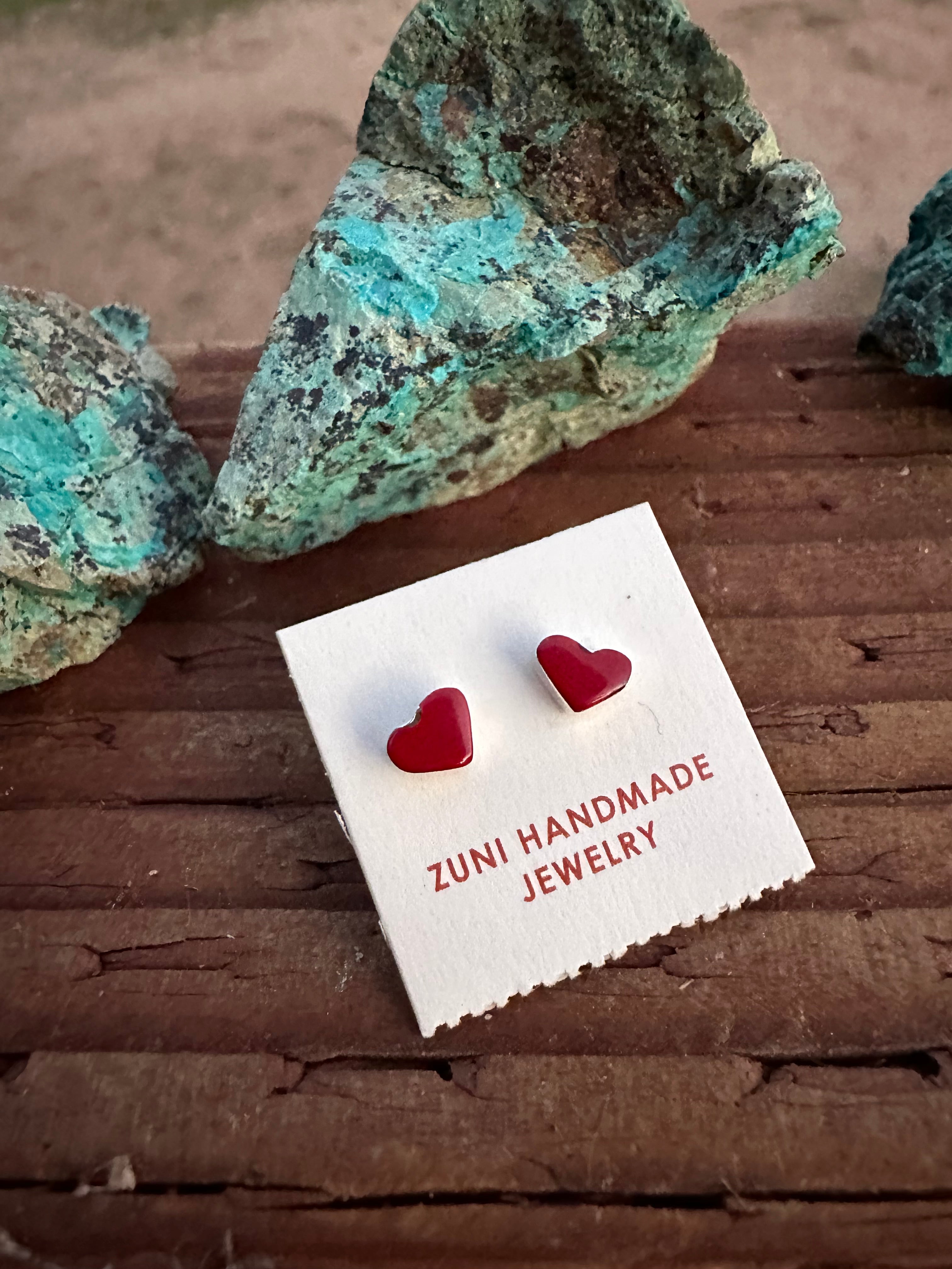 Handcrafted Red Coral & Sterling Silver Heart Stud Earrings