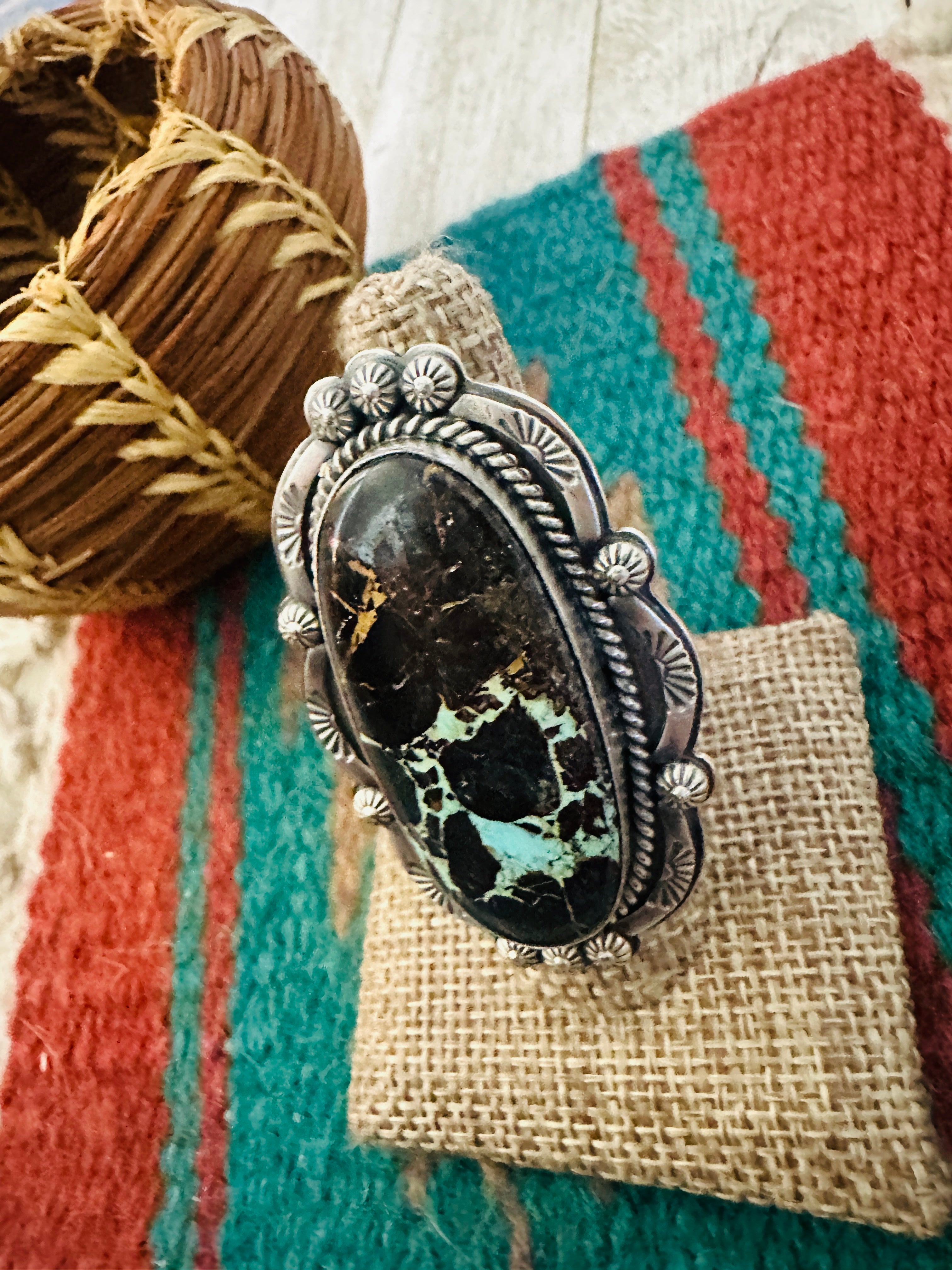 Handcrafted Blackjack Turquoise & Sterling Silver Adjustable Ring