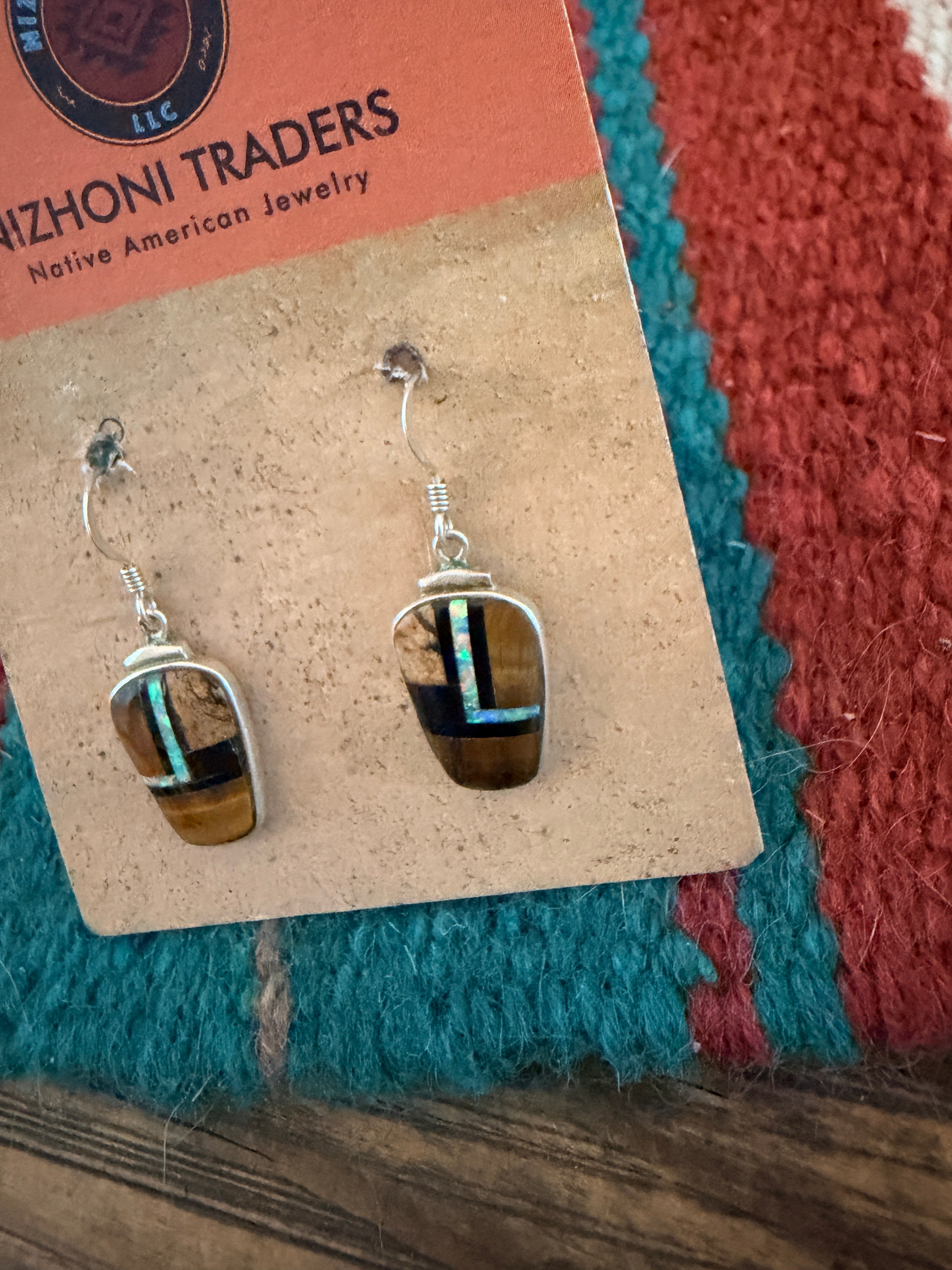Old Pawn Handcrafted Sterling Silver & Multi Stone Inlay Dangle Earrings