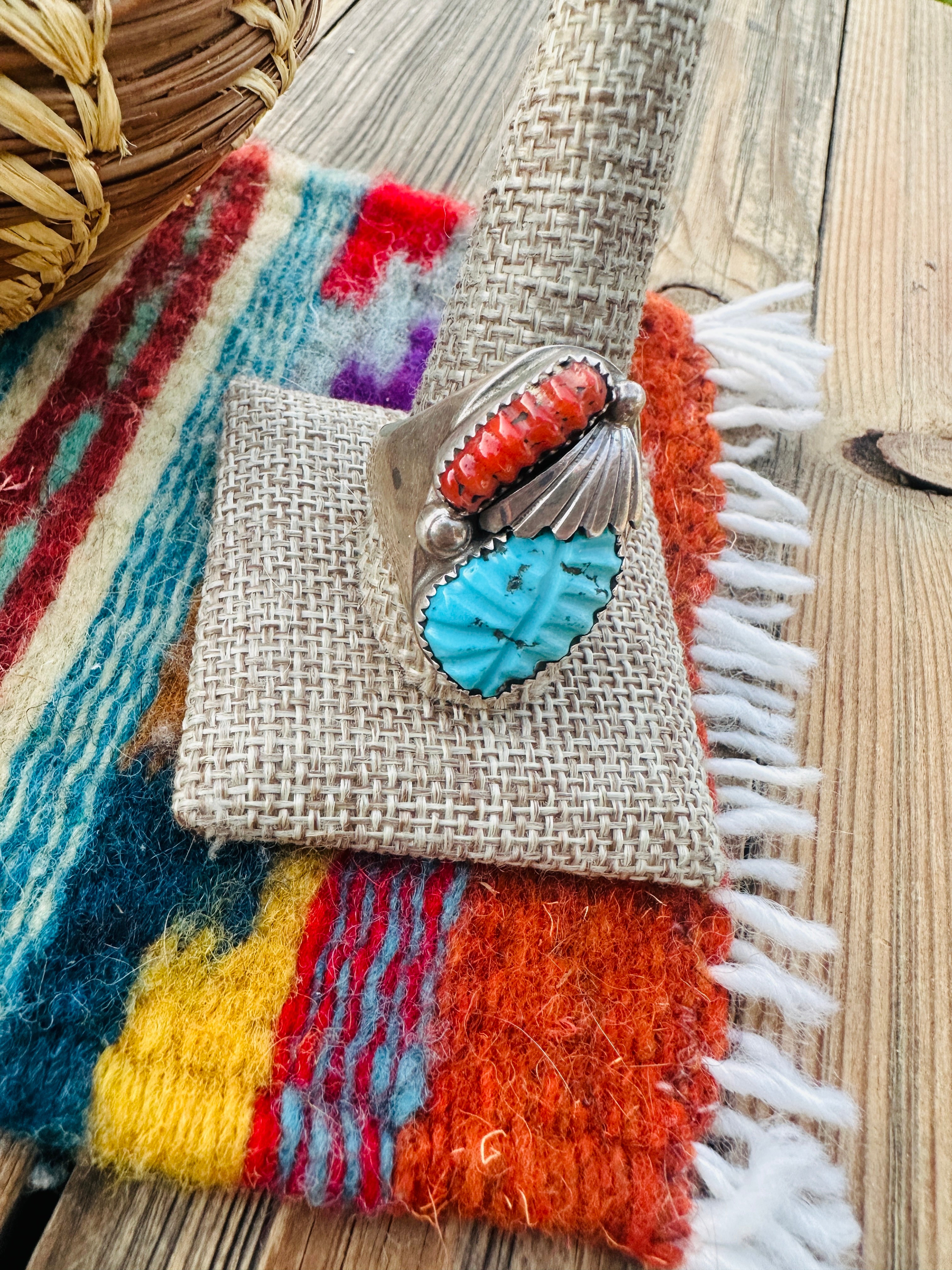 Old Pawn Handcrafted Turquoise, Coral & Sterling Silver Ring Size 12