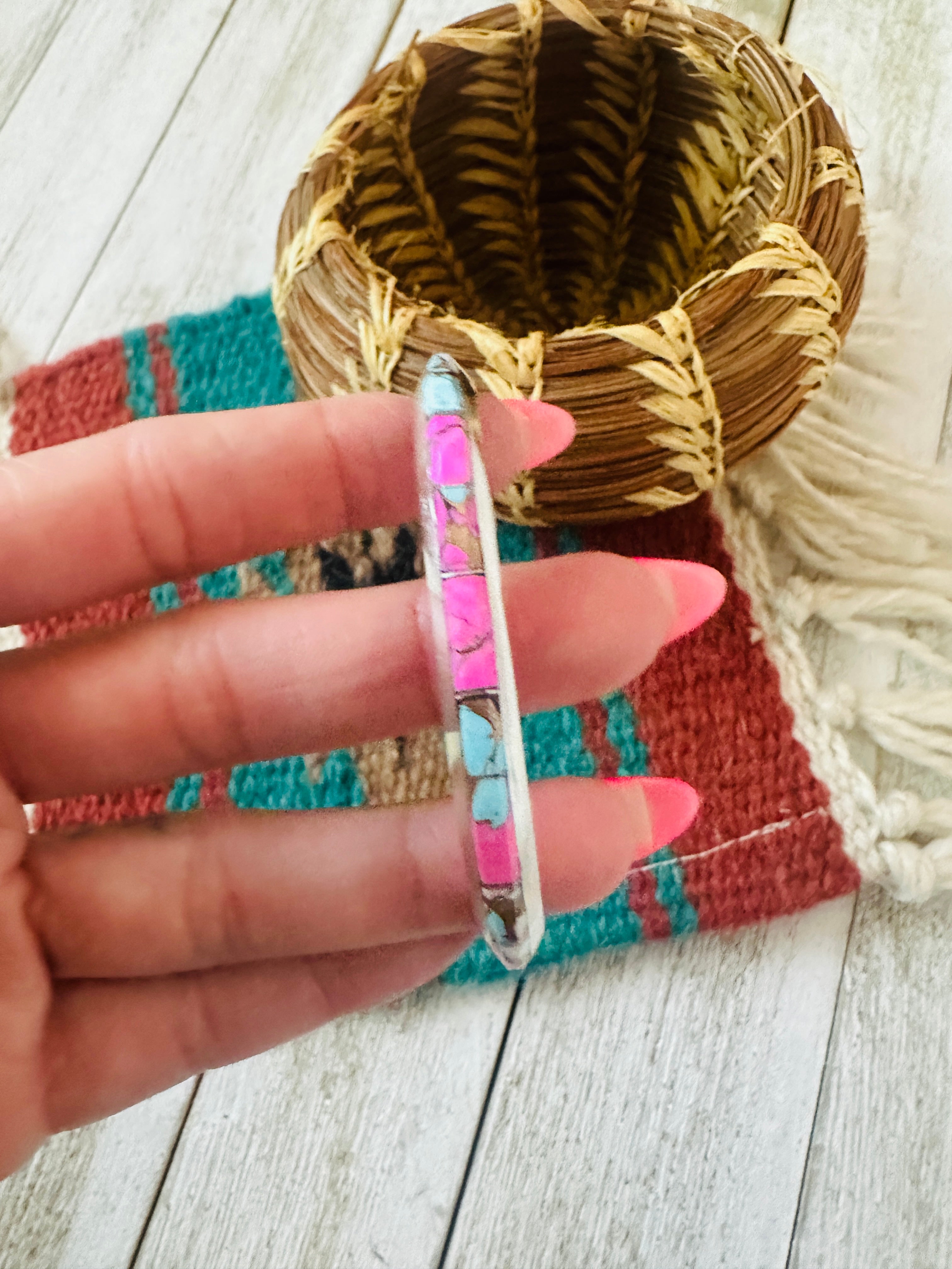 Handcrafted Cotton Candy & Sterling Silver Inlay Cuff Bracelet