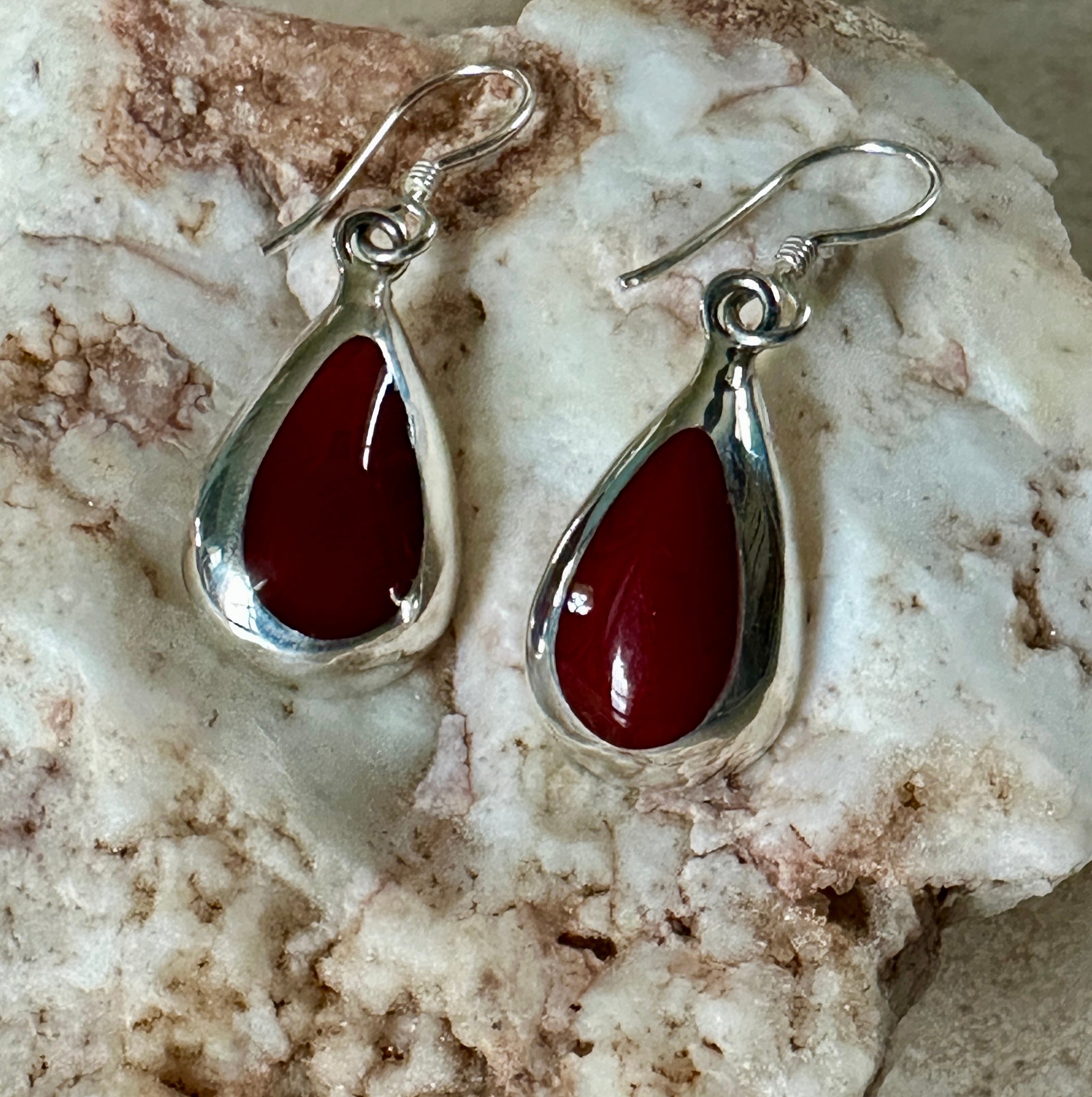 Red Jasper Inlay Teardrop Sterling Silver Earrings