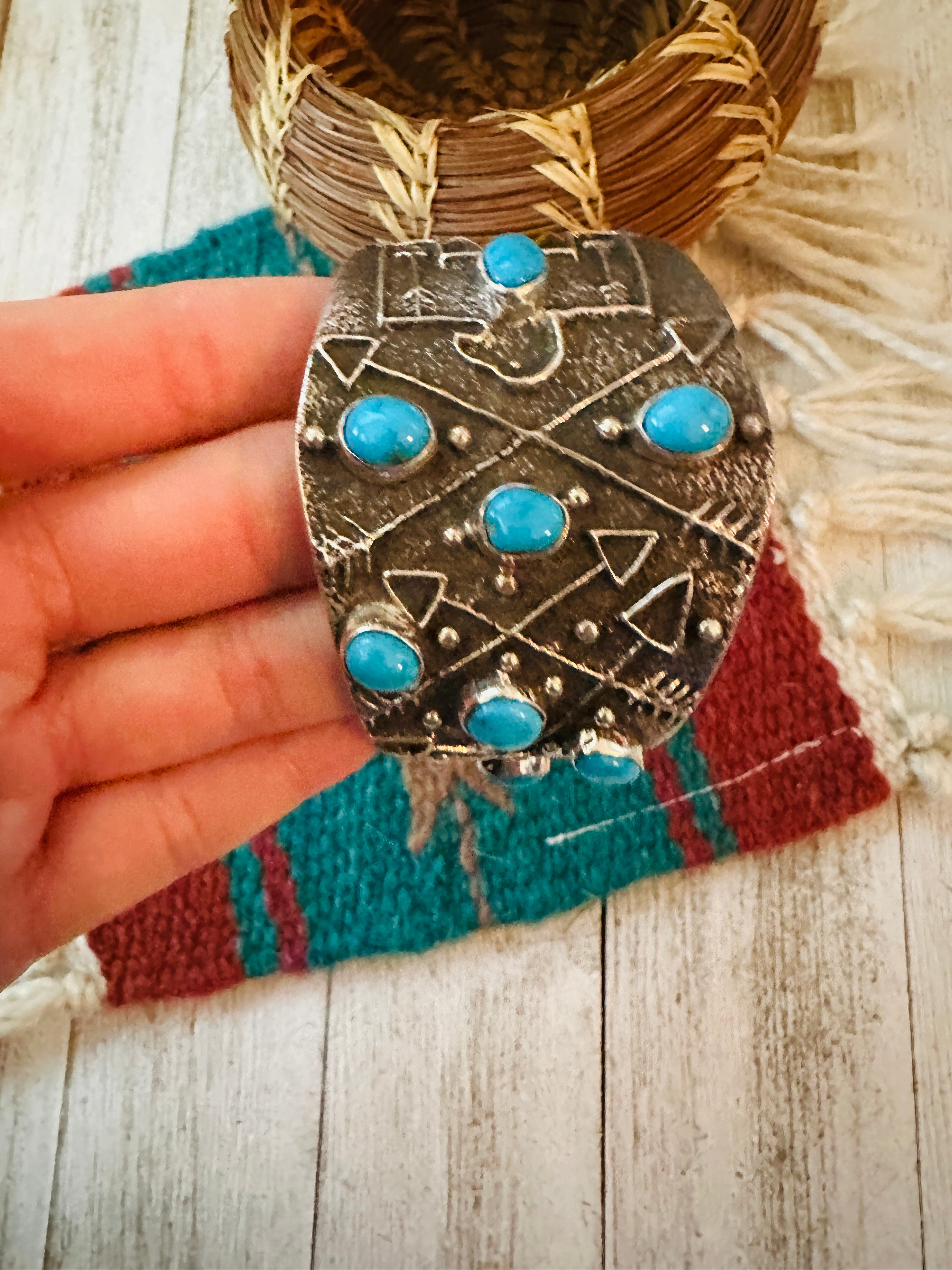 Navajo Turquoise & Sterling Silver Thunderbird Tufa Cast Cuff Bracelet by Delbert Arviso /