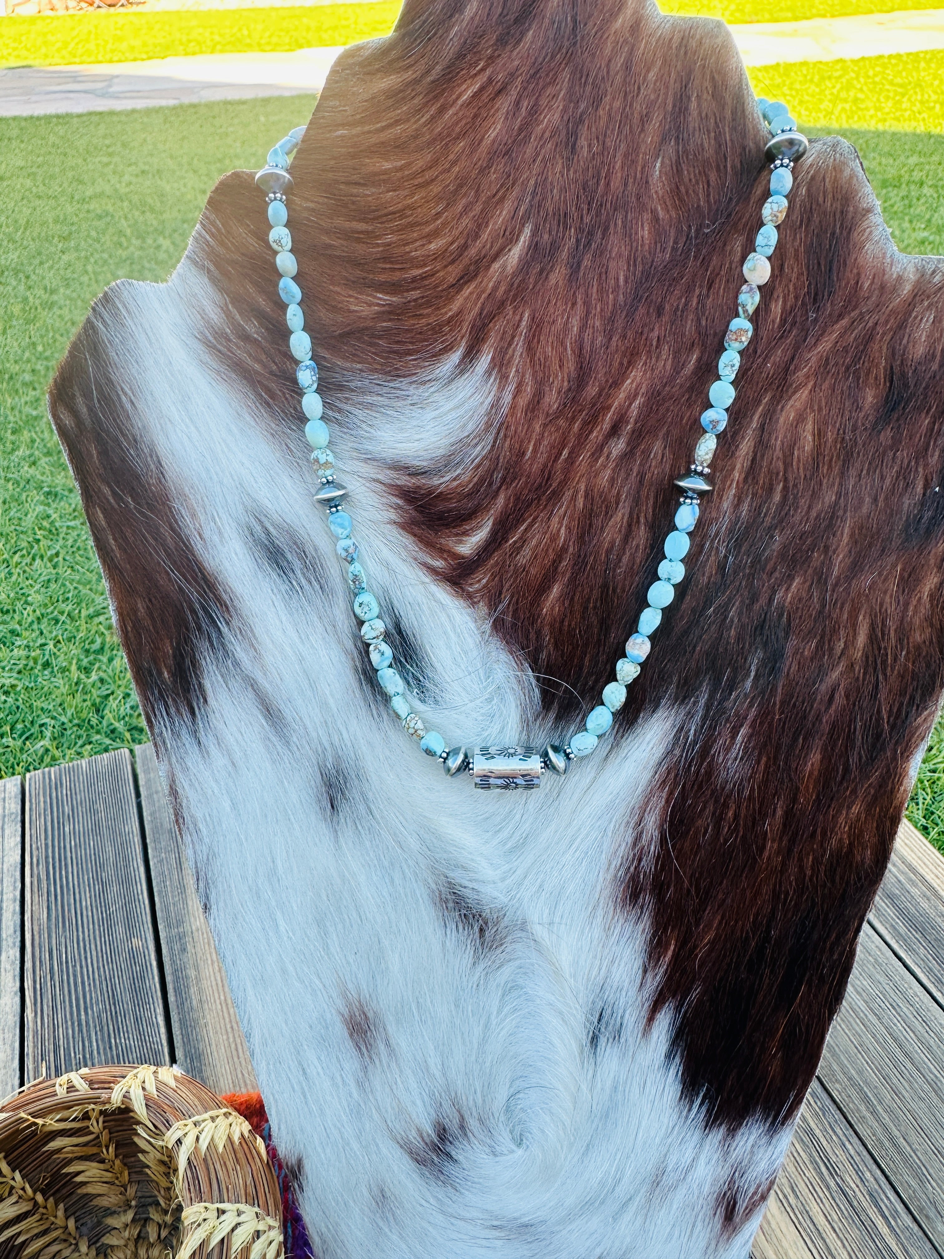 Handcrafted Golden Hills Turquoise & Sterling Silver 16” Beaded Necklace