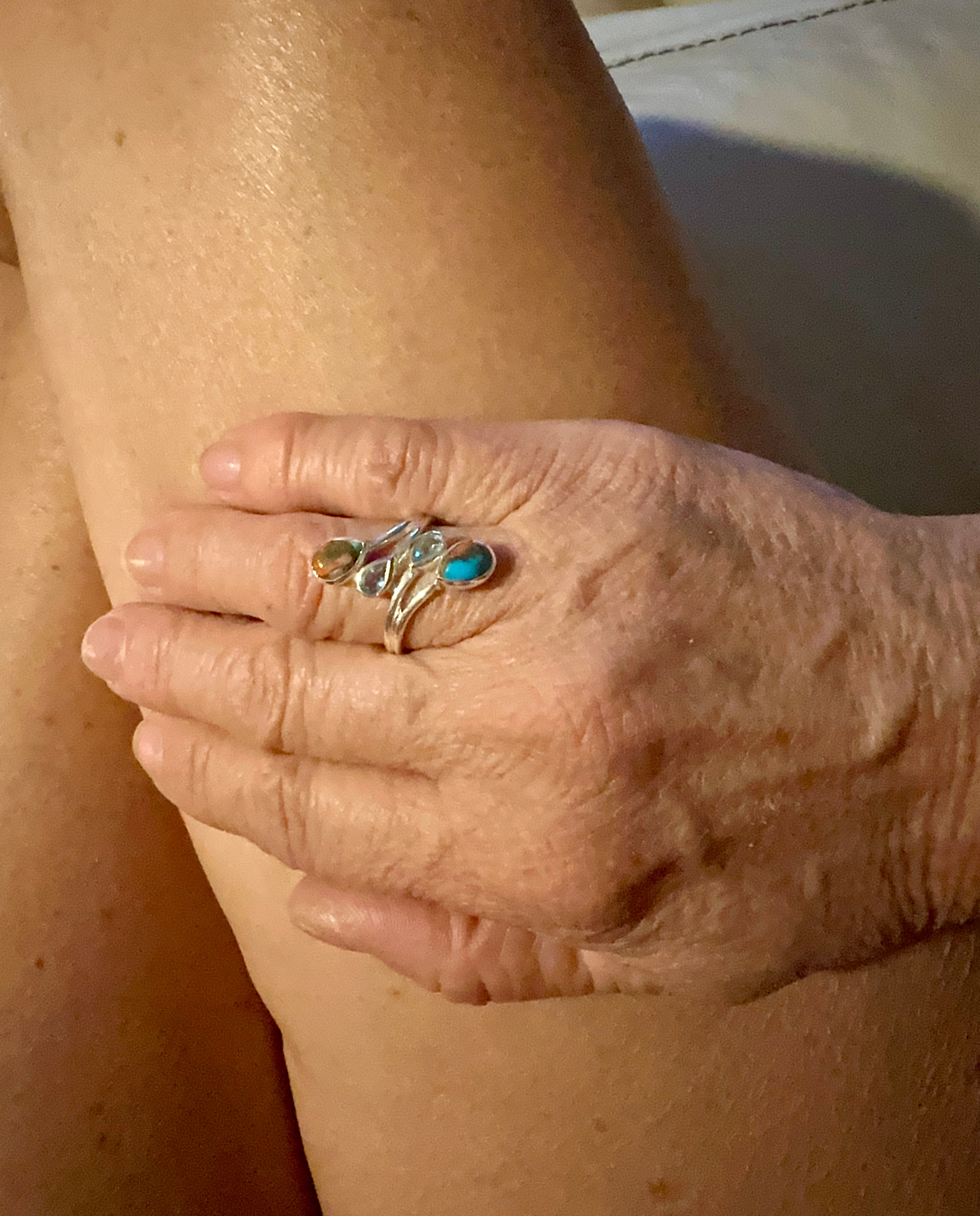 Turquoise, Blue Topaz and Spiny Oyster Sterling Silver Ring Size 7