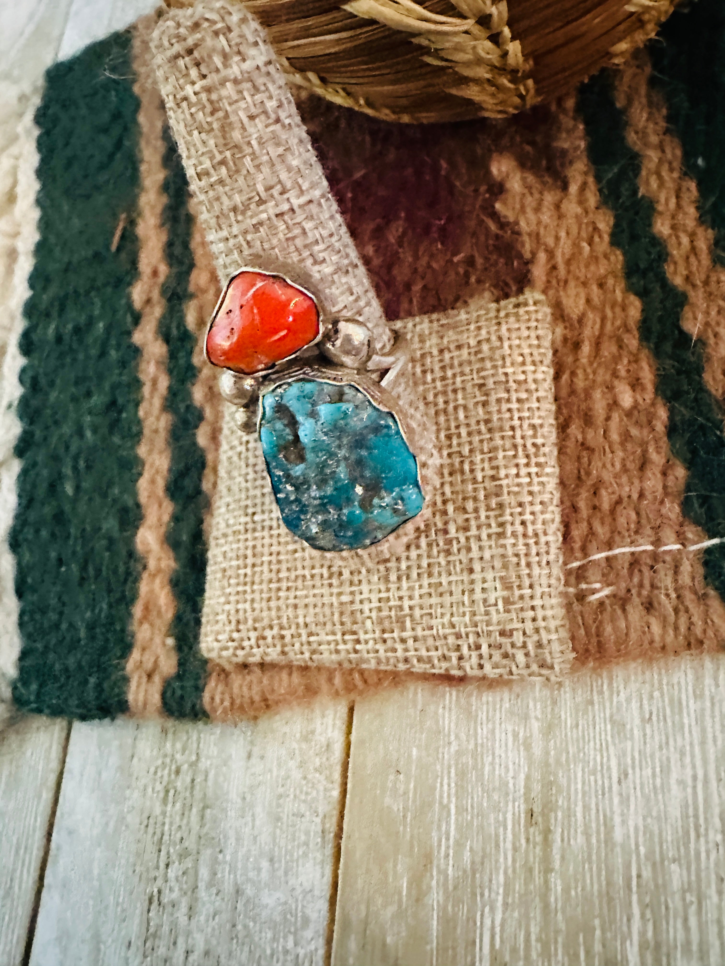 Old Pawn Handcrafted Turquoise, Coral & Sterling Silver Ring Size 10.25