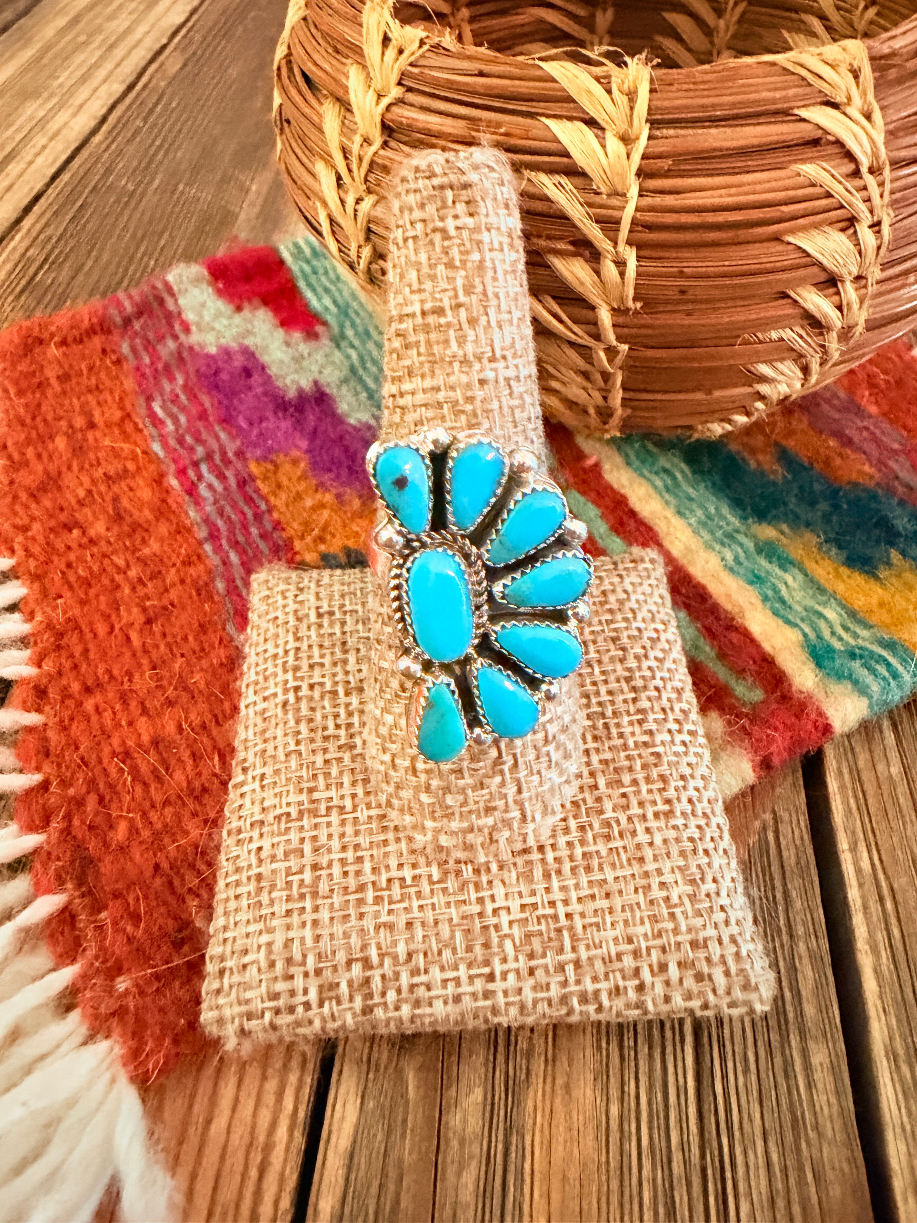 Handcrafted Turquoise & Sterling Silver Adjustable Cluster Ring