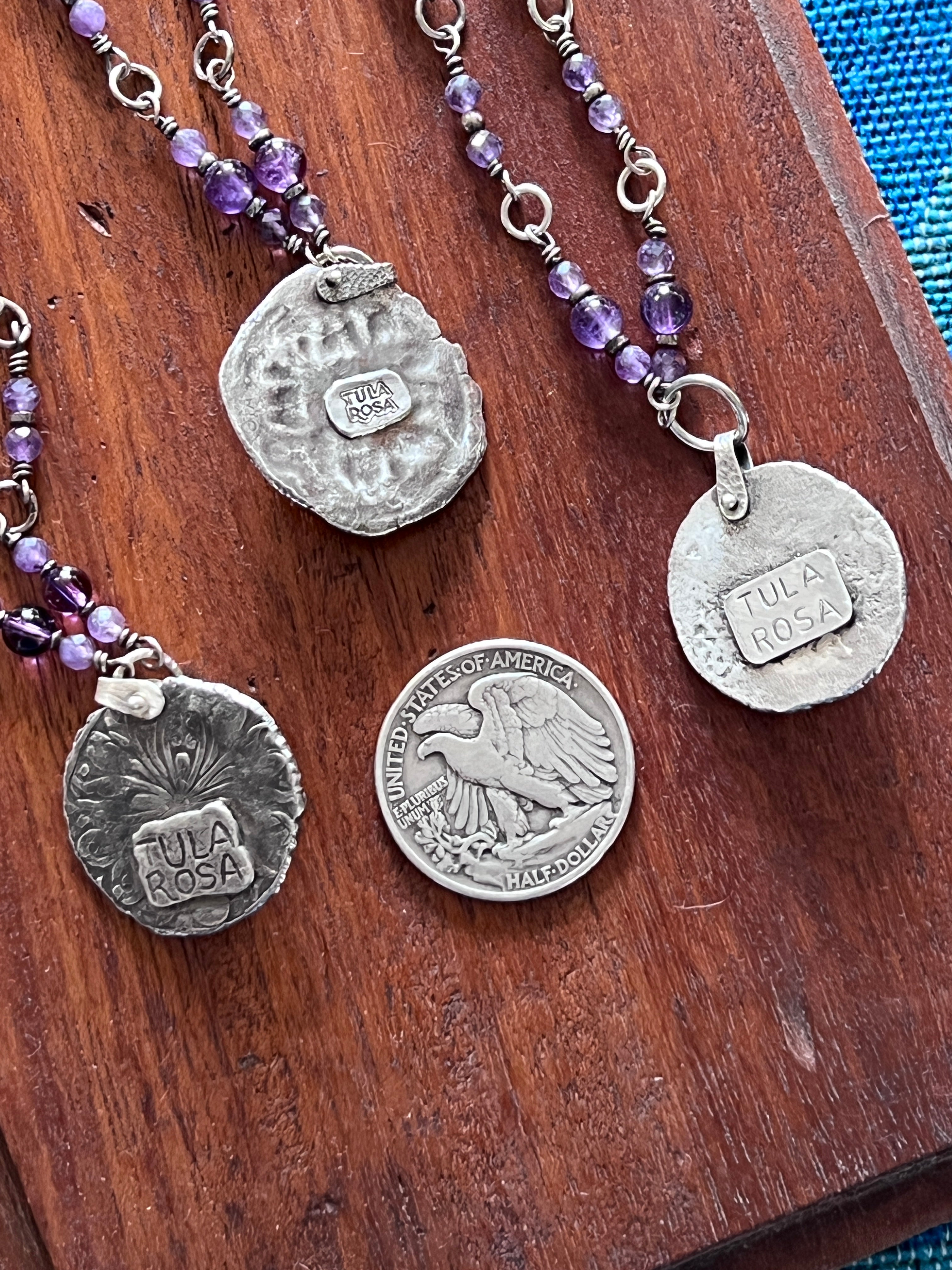 Tularosa Rosary Style Sterling Silver and Amethyst Relic Coin Necklace