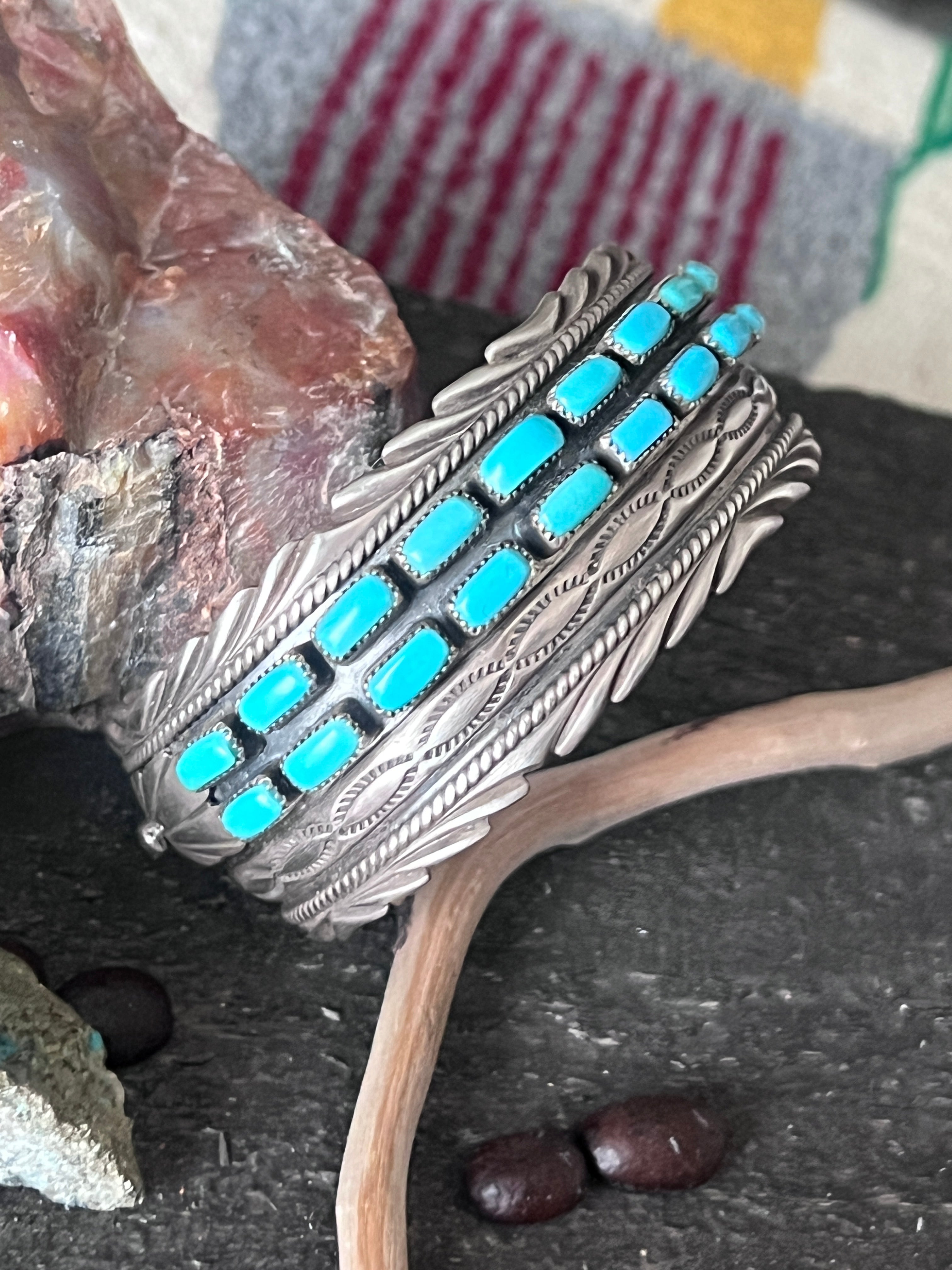 Vintage Sterling Silver and Kingman Turquoise Row Cuff by James Martin