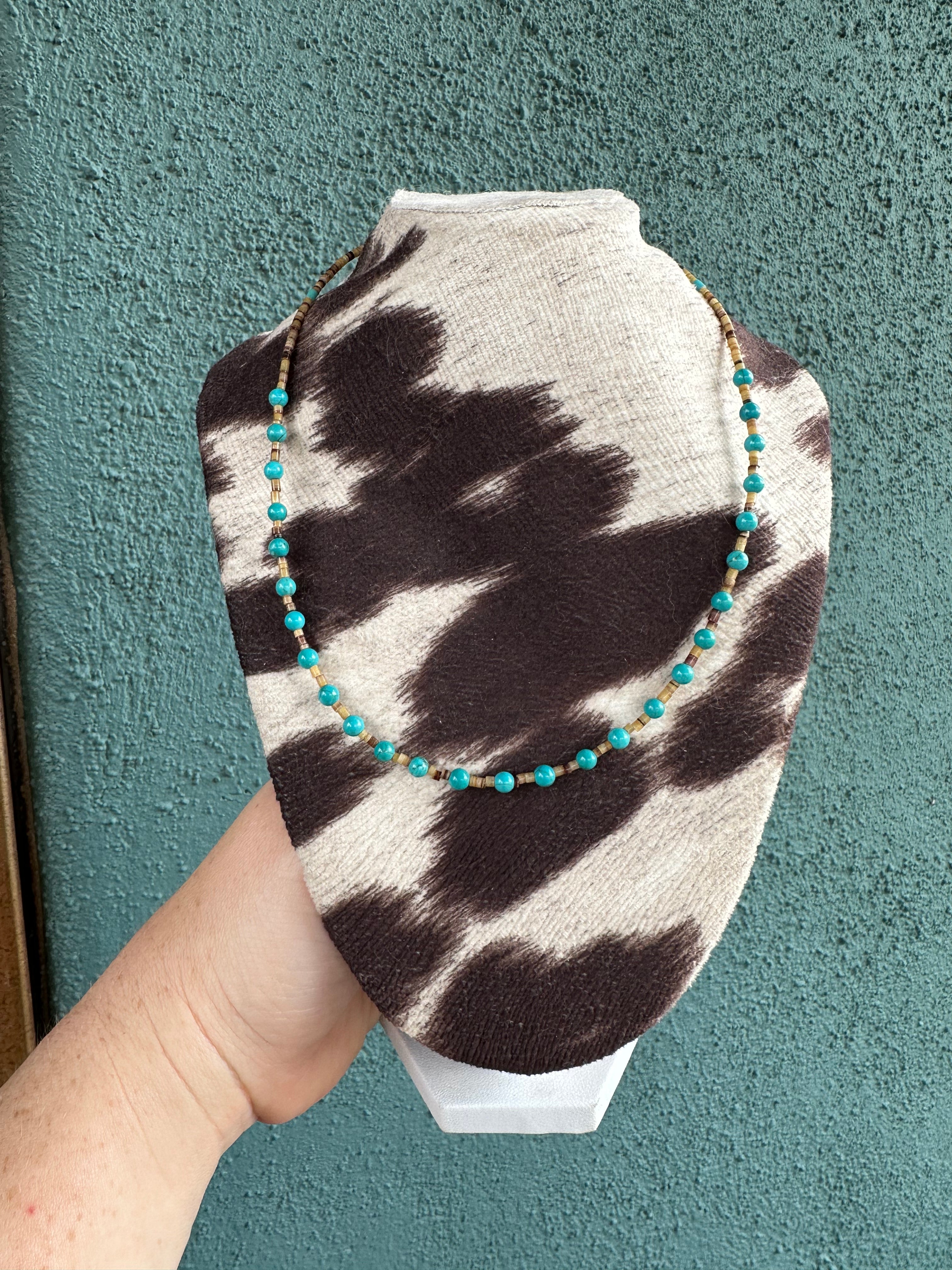 Handcrafted Turquoise And Heishi Beaded Necklace 16”