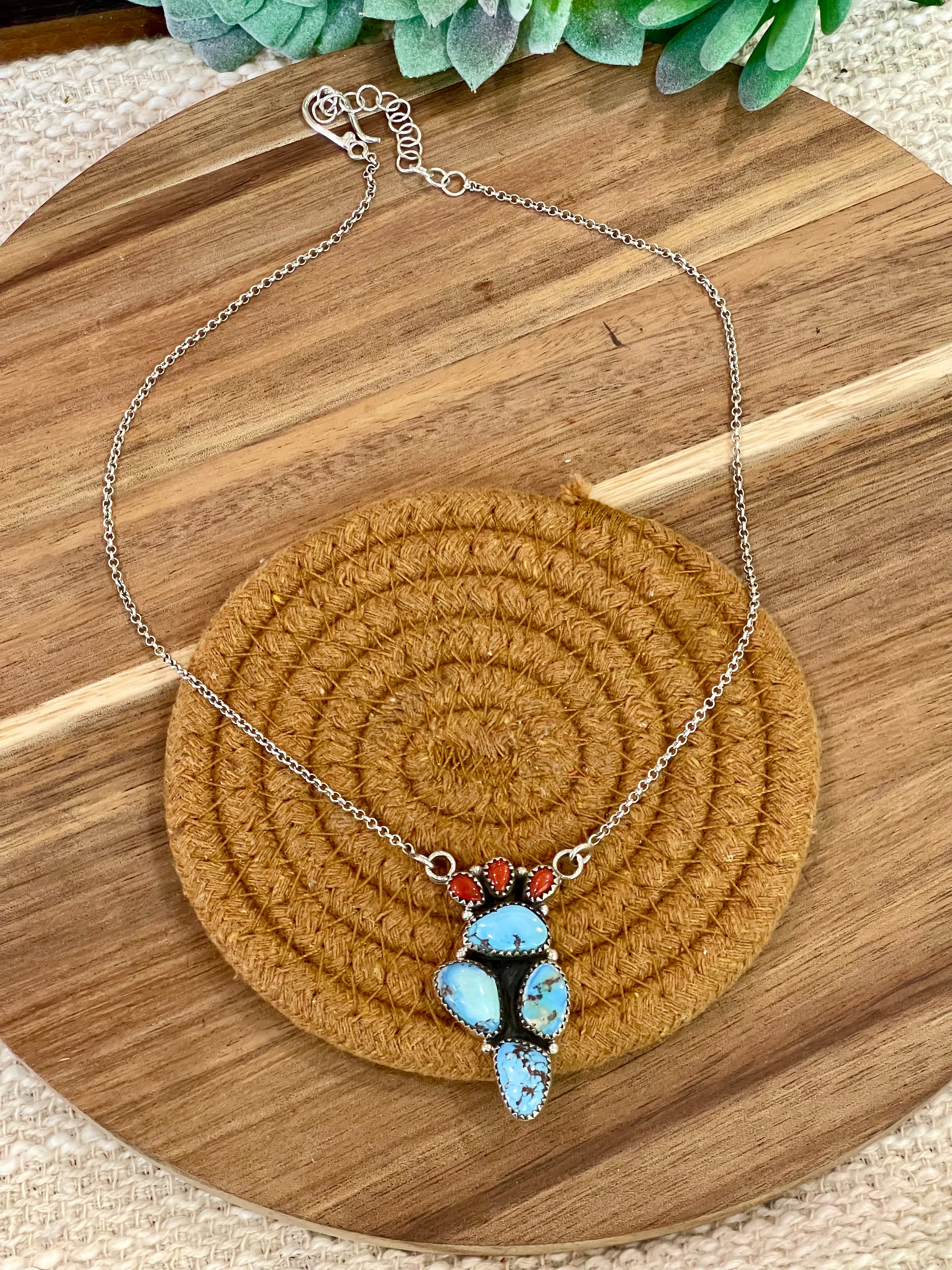 Handmade Sterling Silver, Golden Hills Turquoise & Coral Necklace Signed Nizhoni