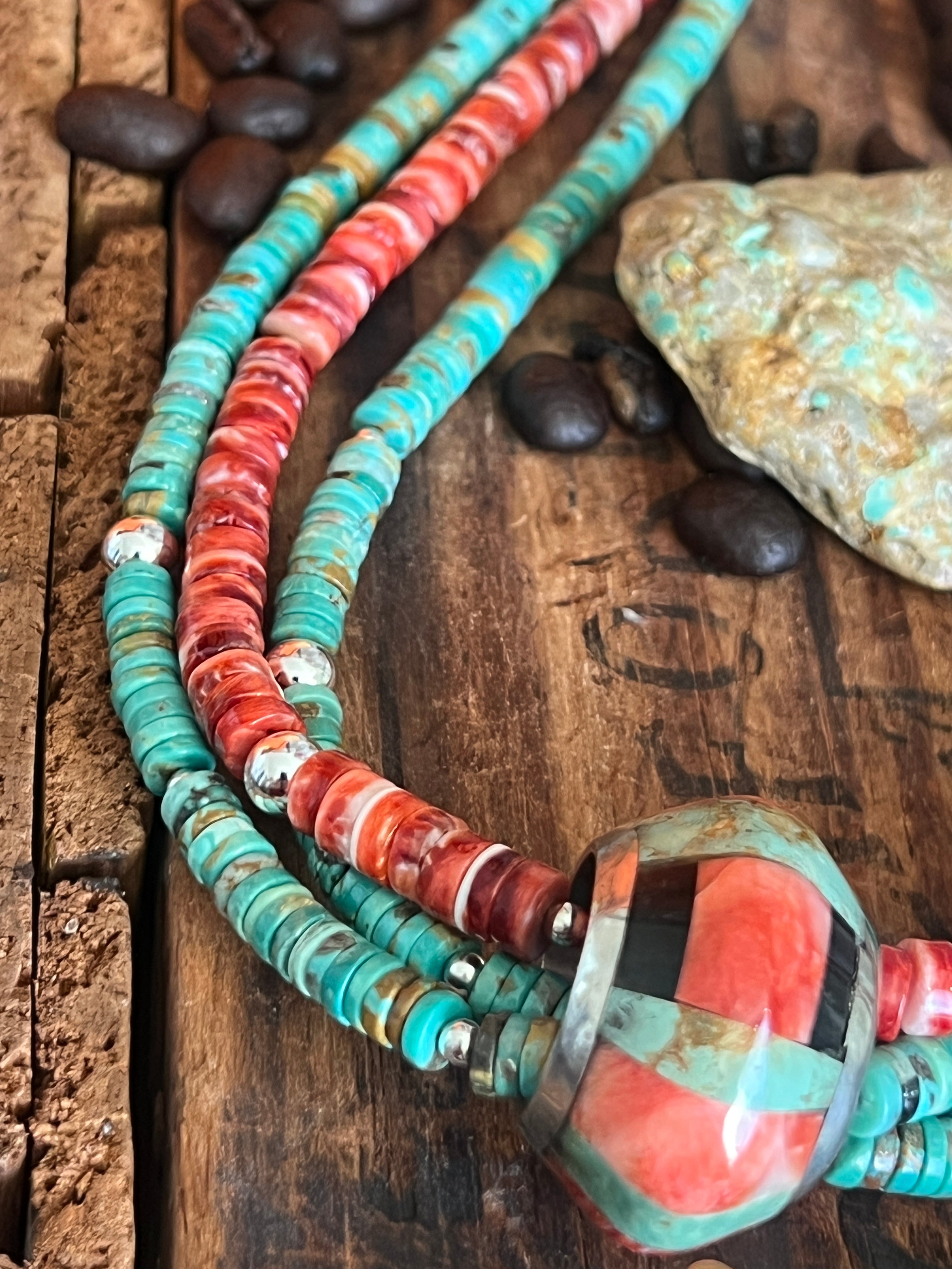 Daniel Coriz Triple Strand Spiny Oyster and Turquoise Beaded Necklace w/ Removable Sterling Silver & Stone Inlay Bead