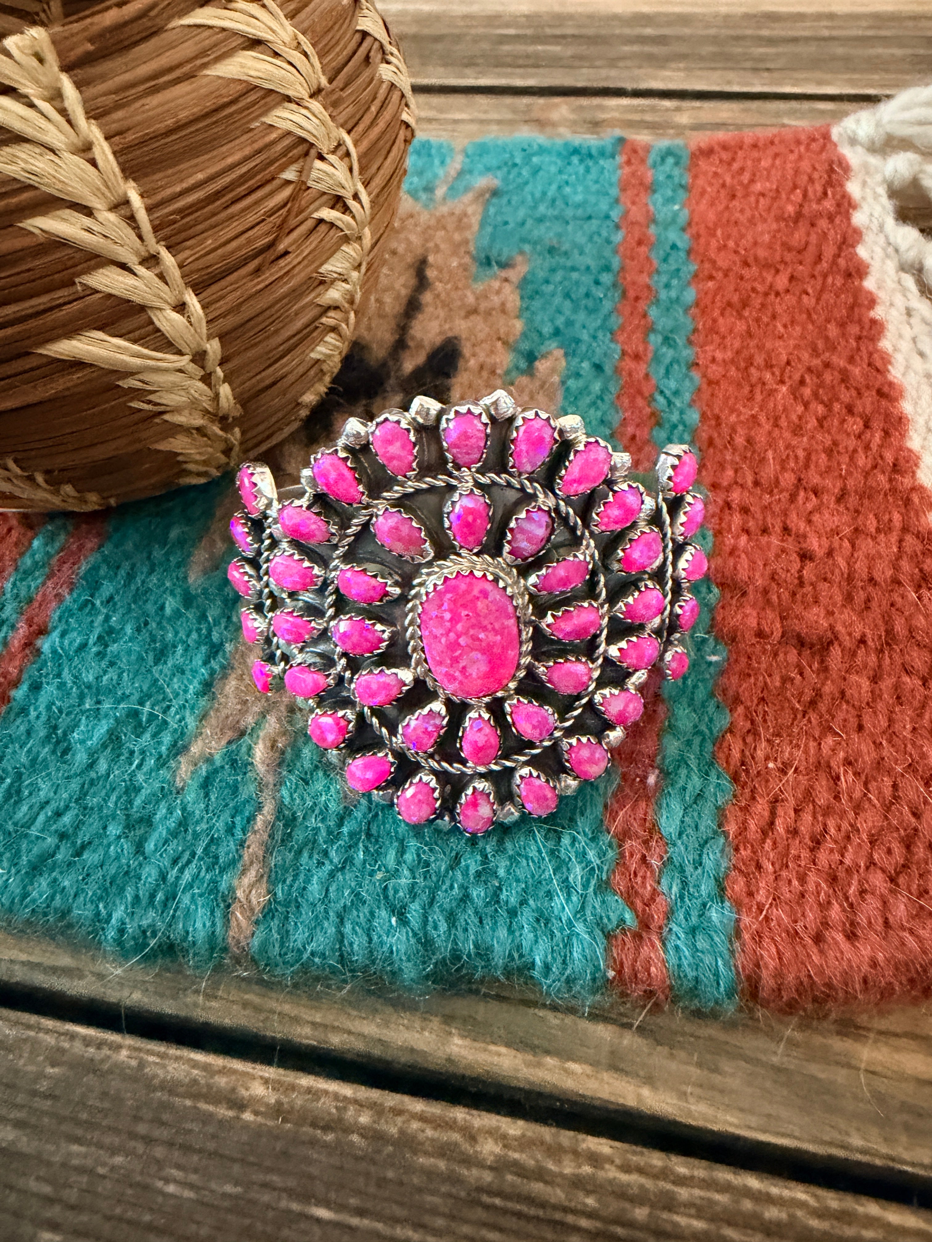Handcrafted Sterling Silver & Pink Opal Cluster Cuff Bracelet by Danny L. Wauneka