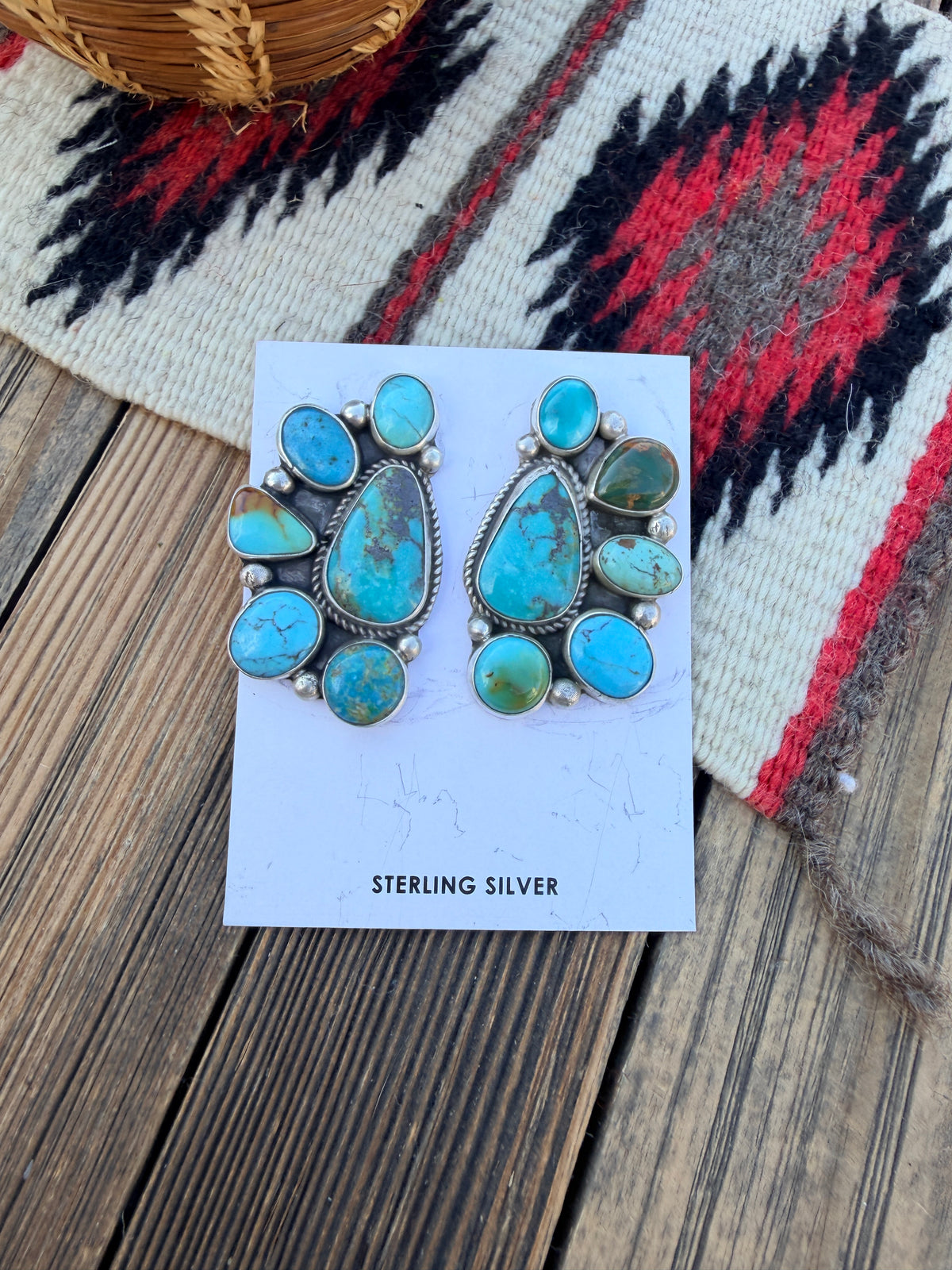 Handcrafted Turquoise & Sterling Silver Cluster Post Earrings by Geraldine James