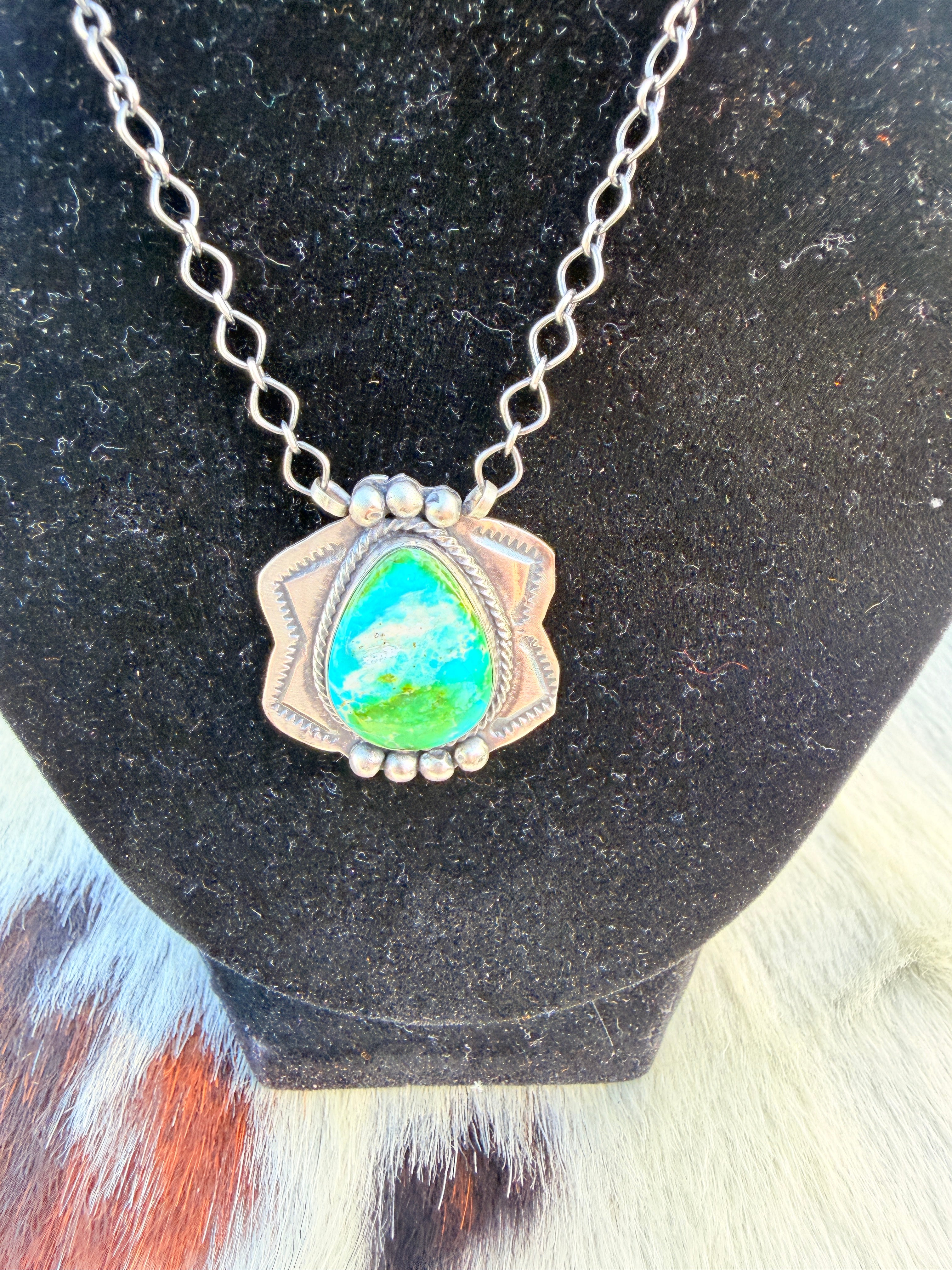 Handcrafted Sonoran Mountain Turquoise & Sterling Silver Necklace by Cordell Platero