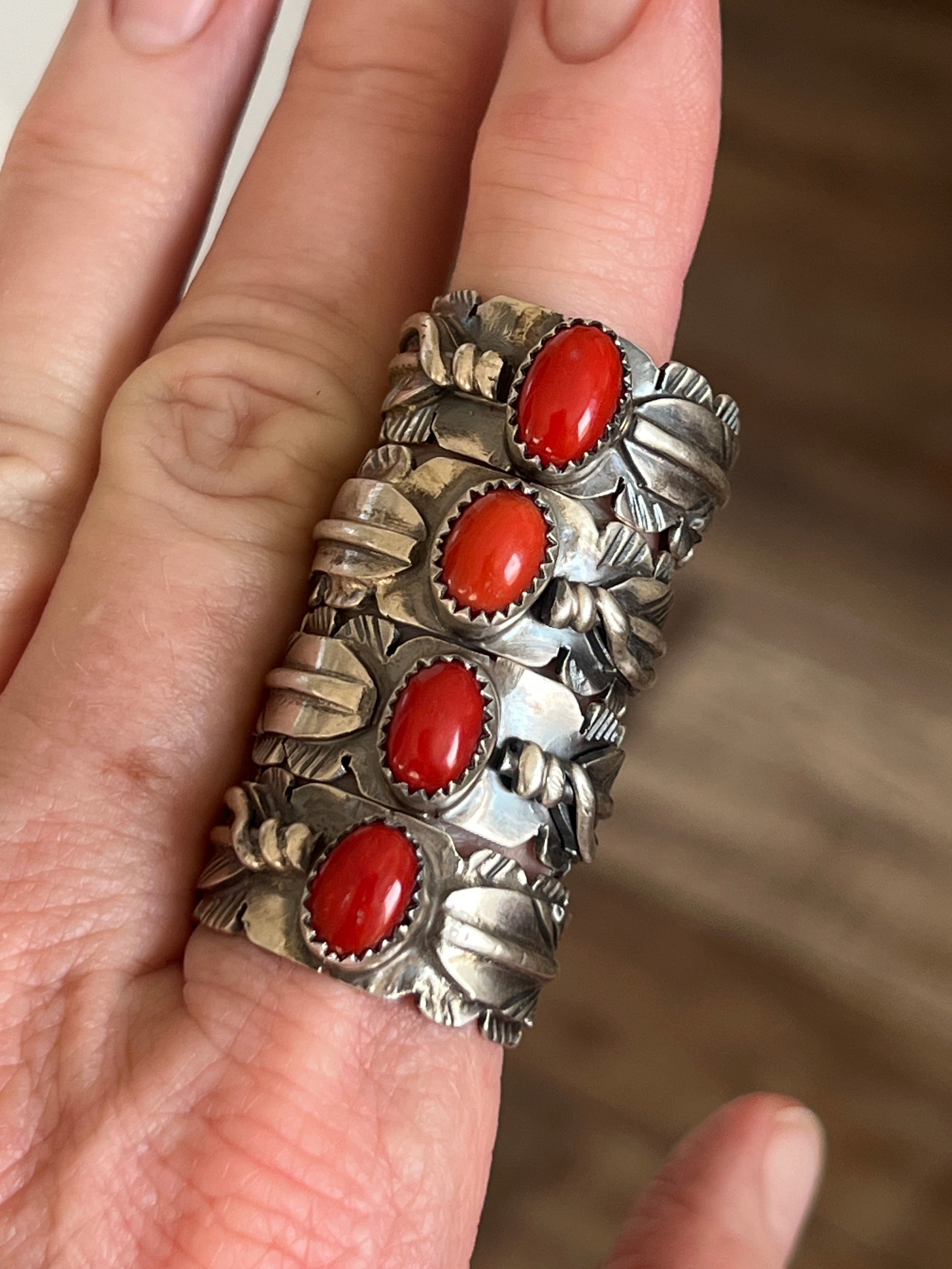 Handcrafted Sterling Silver Stout Feather Rings with Mediterranean Coral, Signed KM