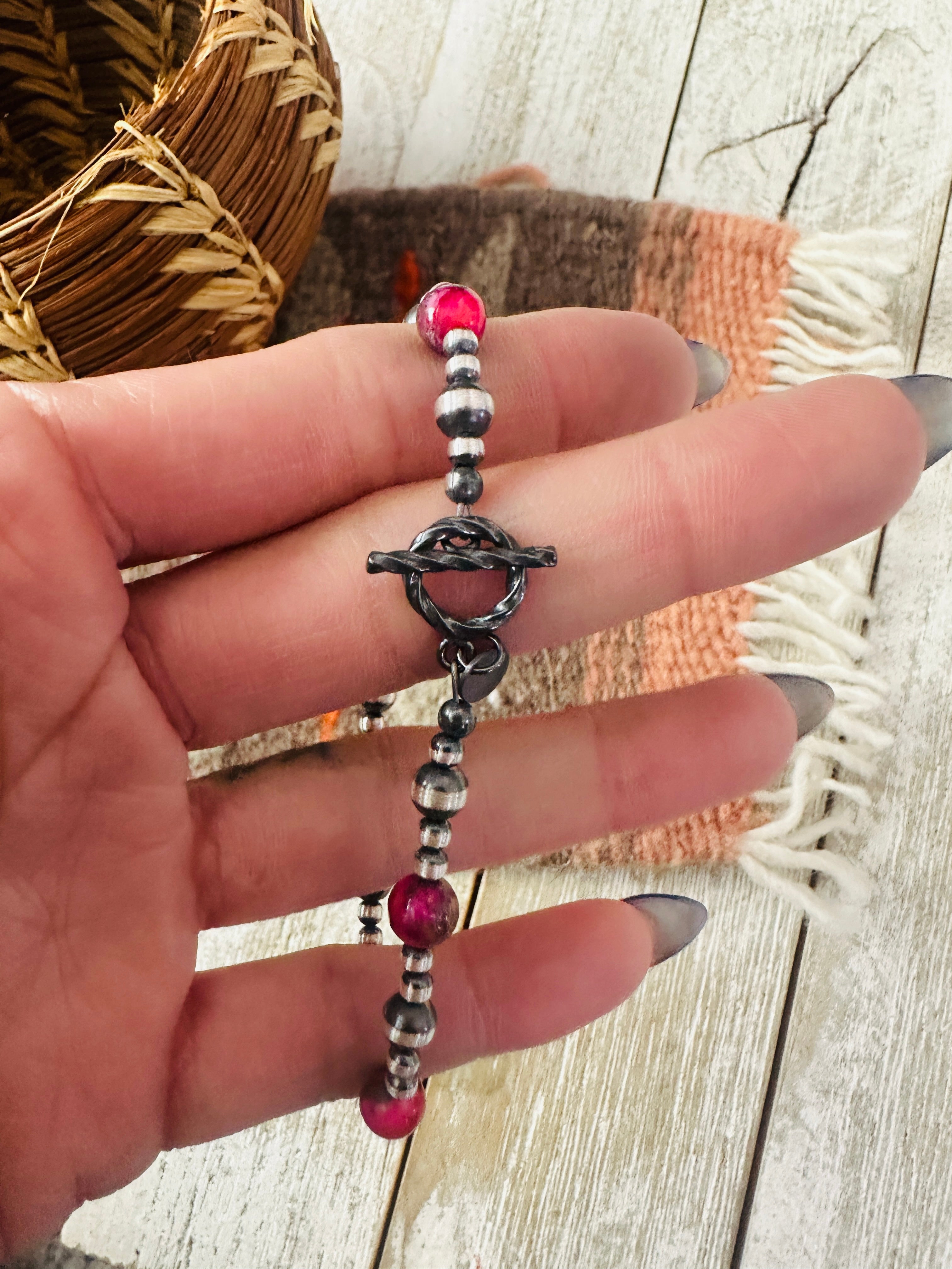 Handcrafted Pink Mojave and Sterling Silver Pearl Beaded Bracelet