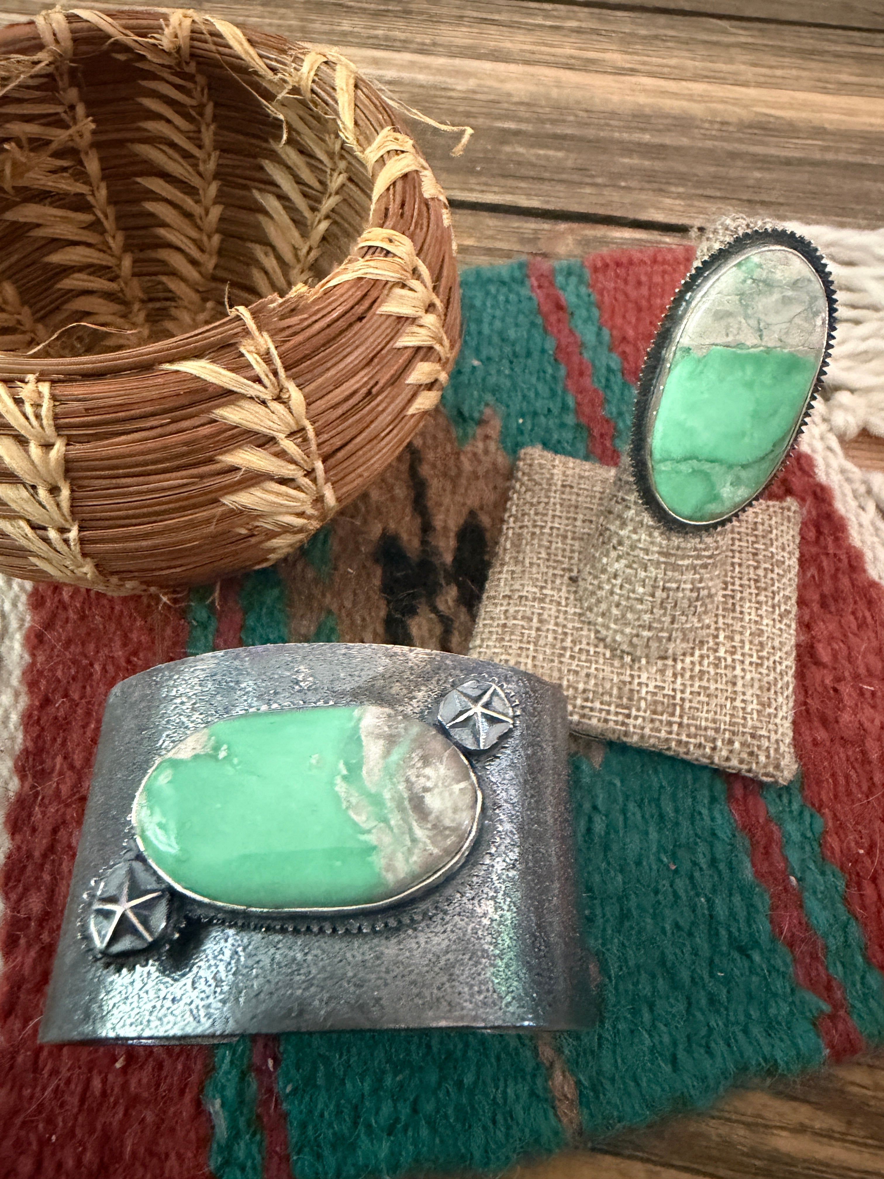 Handcrafted Vintage Old Pawn Turquoise & Sterling Silver Beaded Bracelet & Ring Set