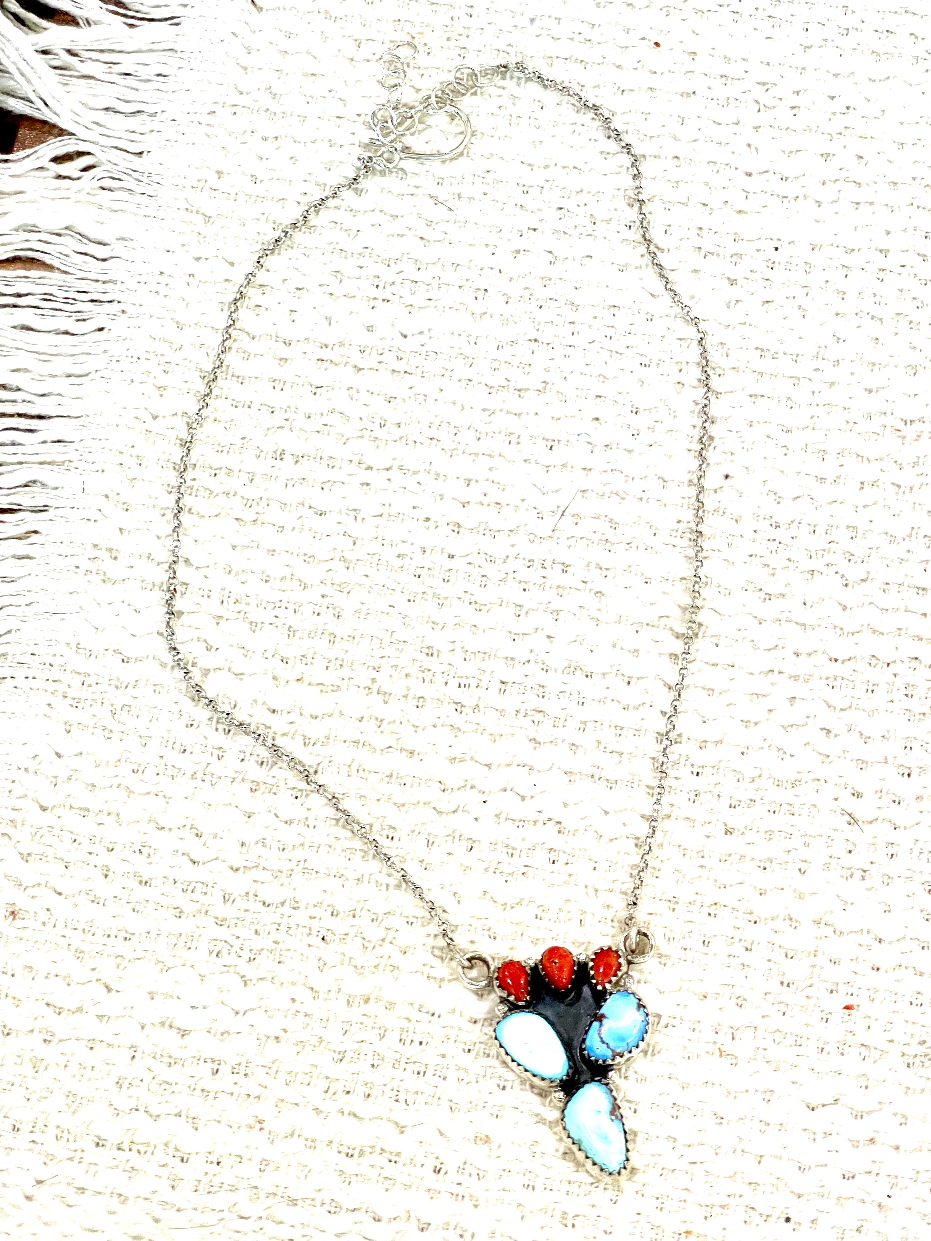Handmade Sterling Silver, Golden Hills Turquoise & Coral Necklace Signed Nizhoni