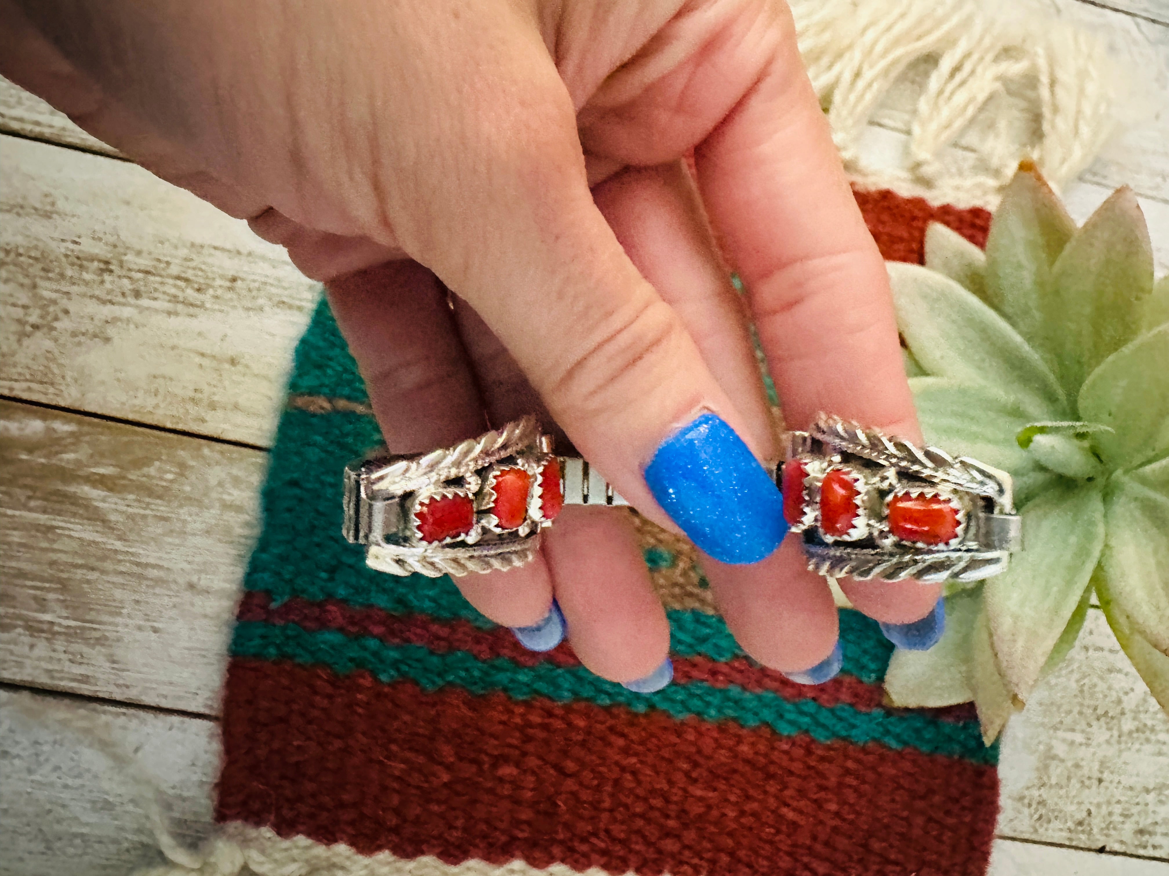 Handcrafted Sterling Silver & Coral Watch Band Signed
