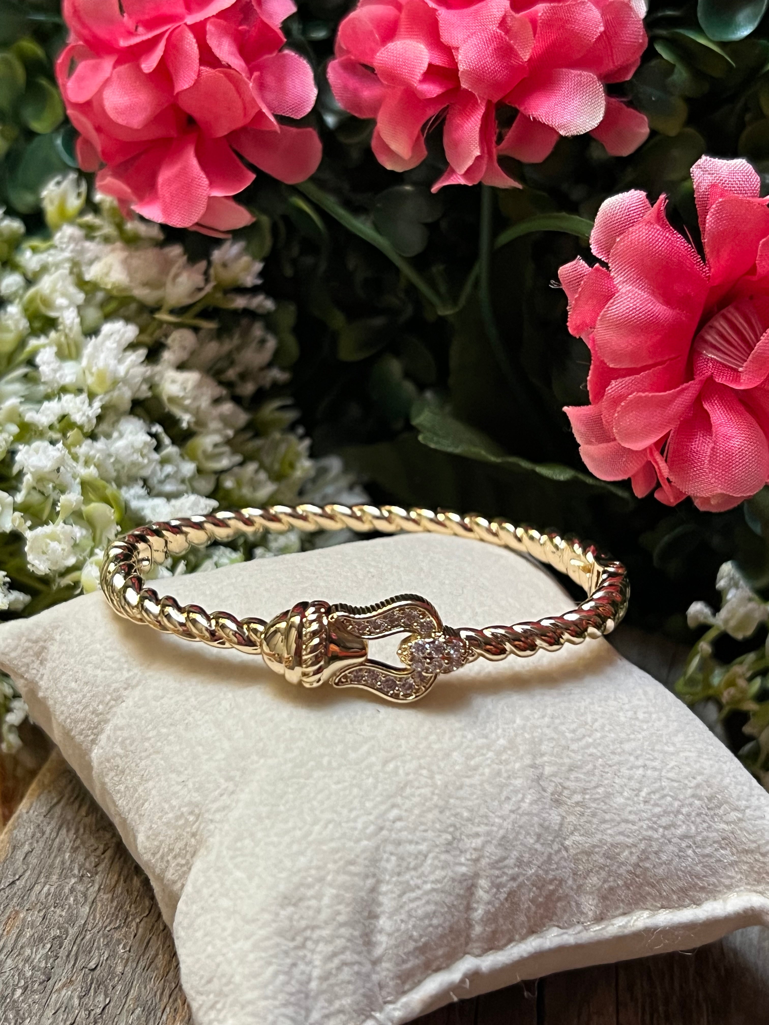 14k Gold Plated CZ Cable Bracket Bangle Bracelet