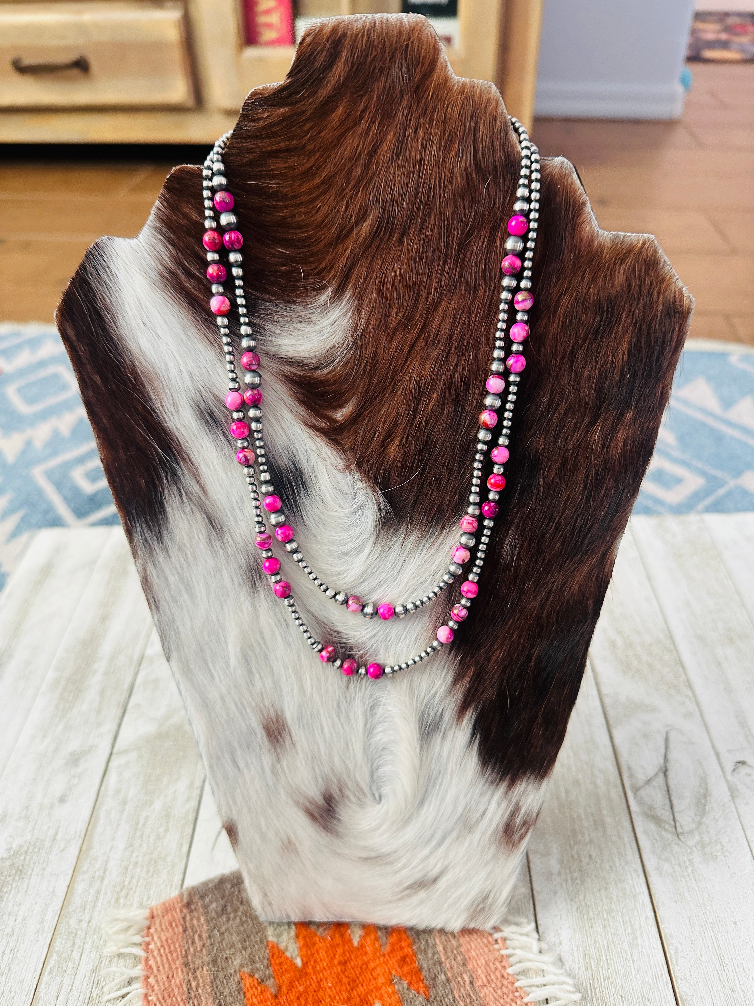 Handcrafted Sterling Silver & Pink Mojave Beaded Necklace