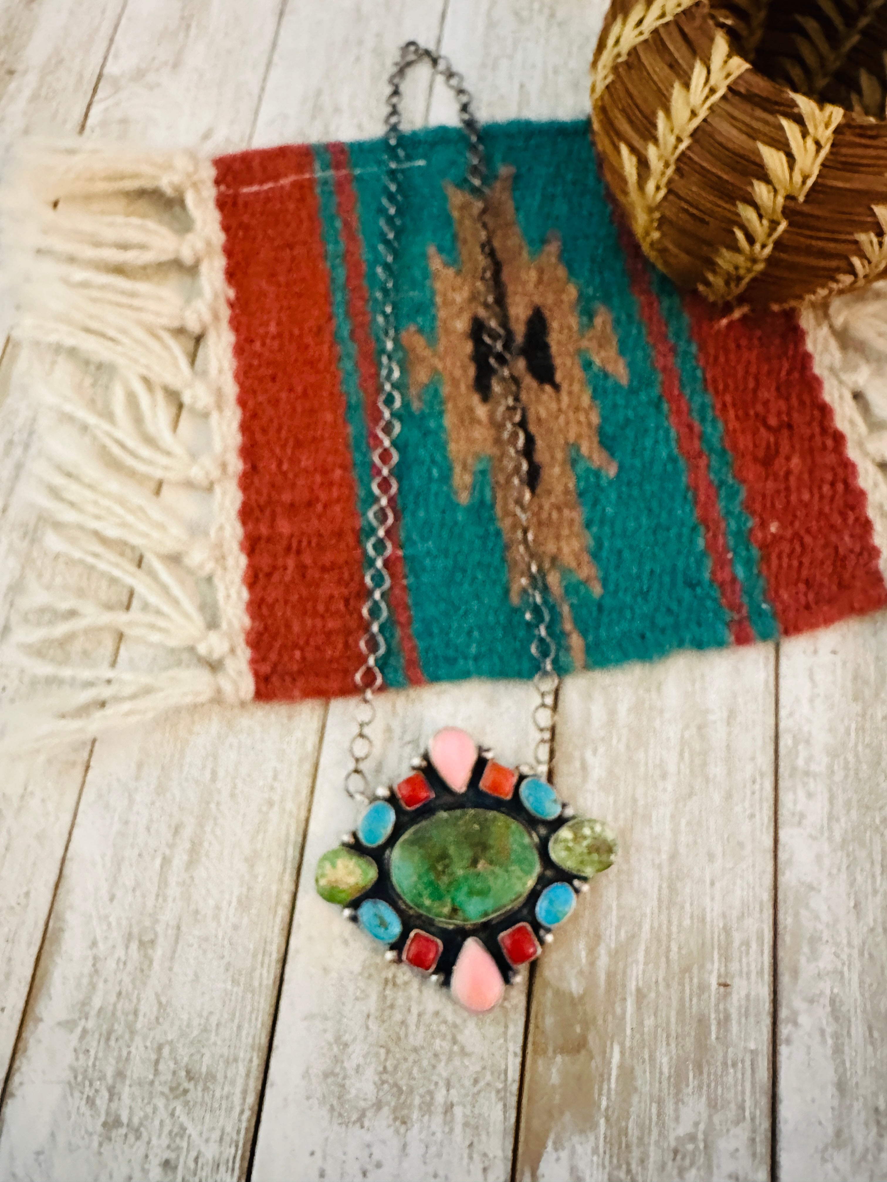 Navajo Sterling Silver & Multi Stone Cluster Necklace